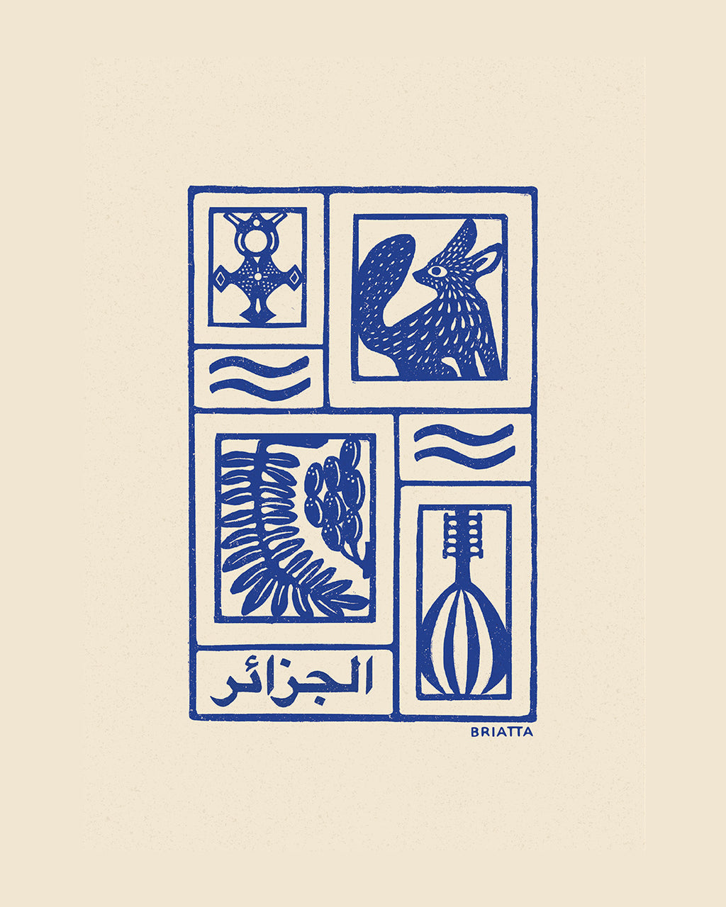 Affiche bleu l'Algérie, désert algérien, fennec et touareg, imprimé d'illustration dessinée à la main style linogravure