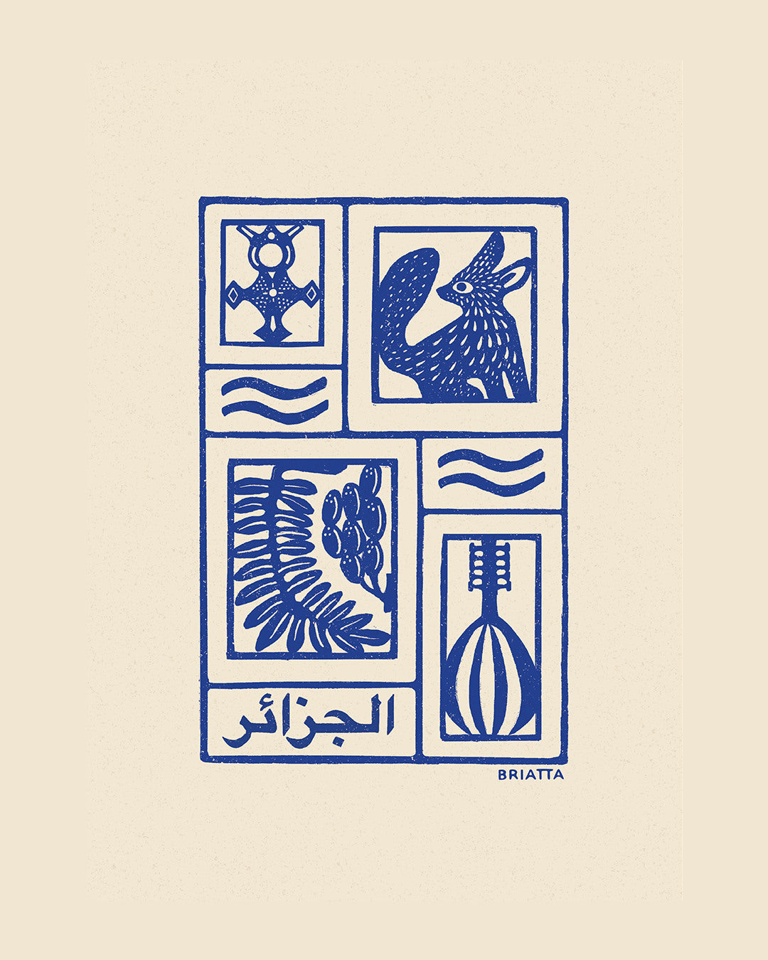Affiche bleu l'Algérie, désert algérien, fennec et touareg, imprimé d'illustration dessinée à la main style linogravure