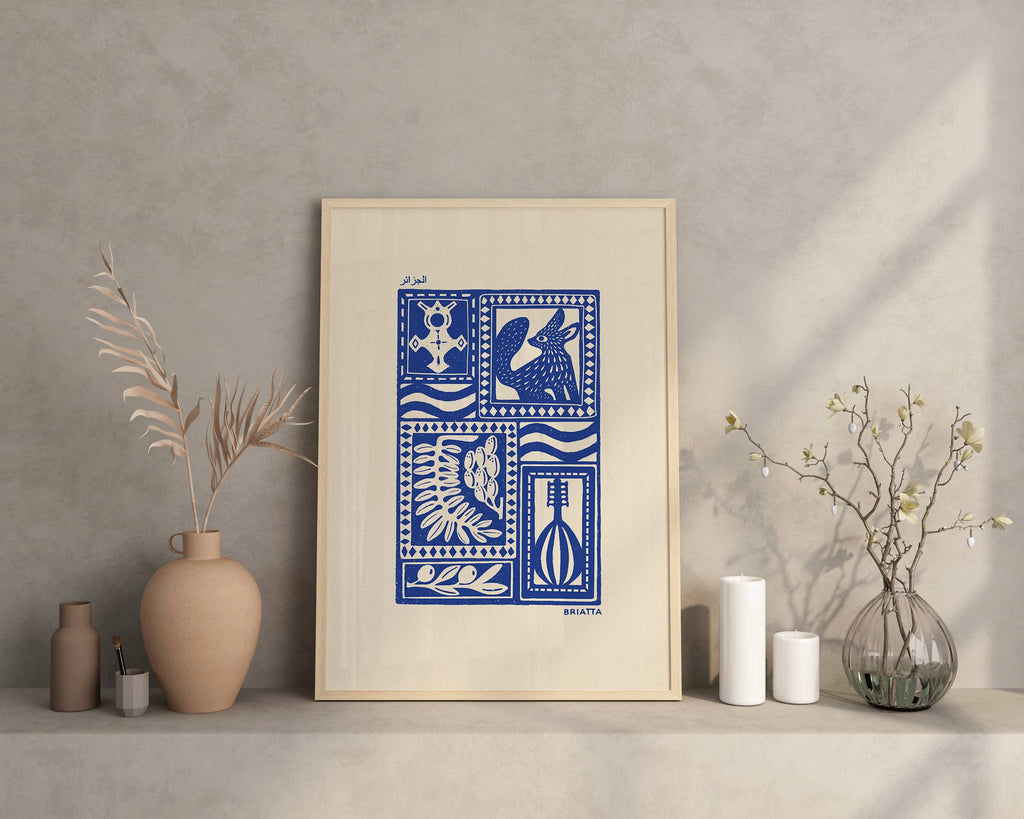 Affiche bleu l'Algérie, désert algérien, fennec et touareg, imprimé d'illustration dessinée à la main style linogravure minimaliste