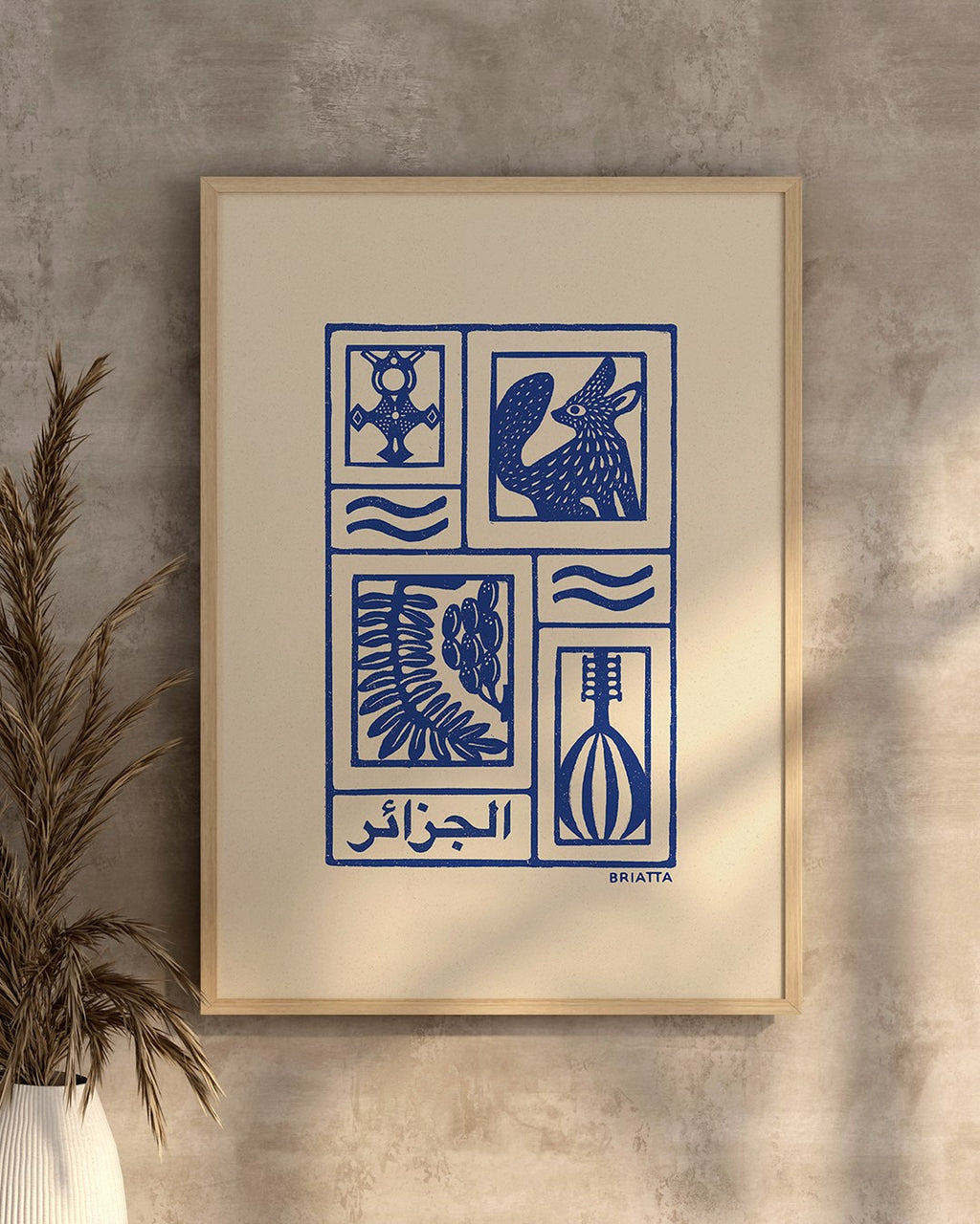 Affiche bleu l'Algérie, désert algérien, fennec et touareg, imprimé d'illustration dessinée à la main style linogravure