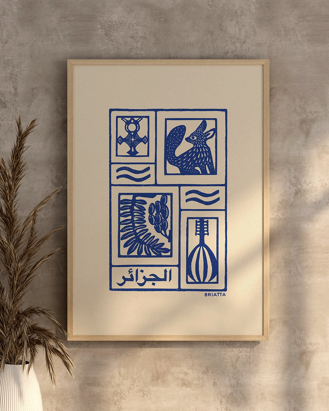 Affiche bleu l'Algérie, désert algérien, fennec et touareg, imprimé d'illustration dessinée à la main style linogravure