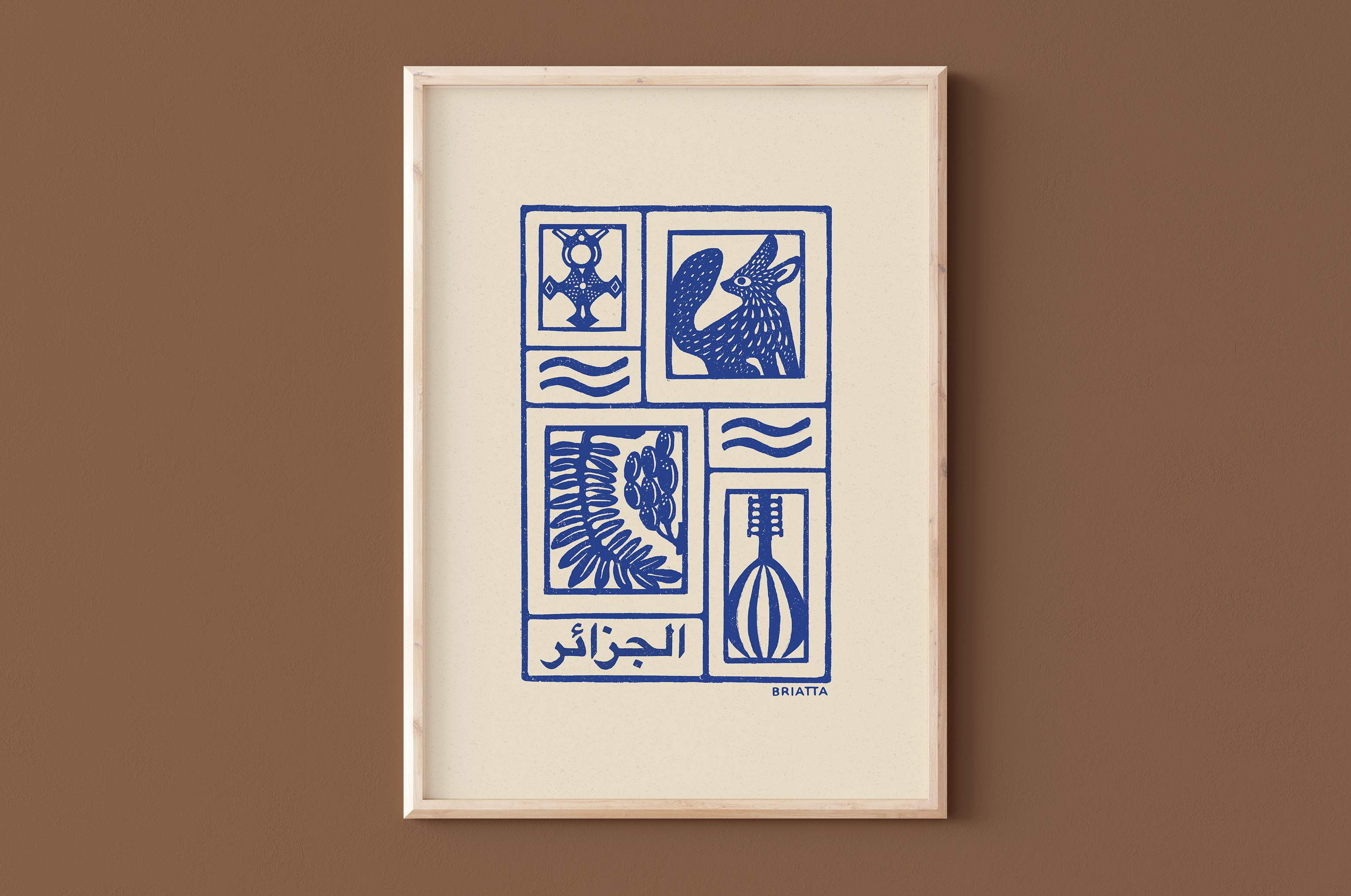 Affiche bleu l'Algérie, désert algérien, fennec et touareg, imprimé d'illustration dessinée à la main style linogravure