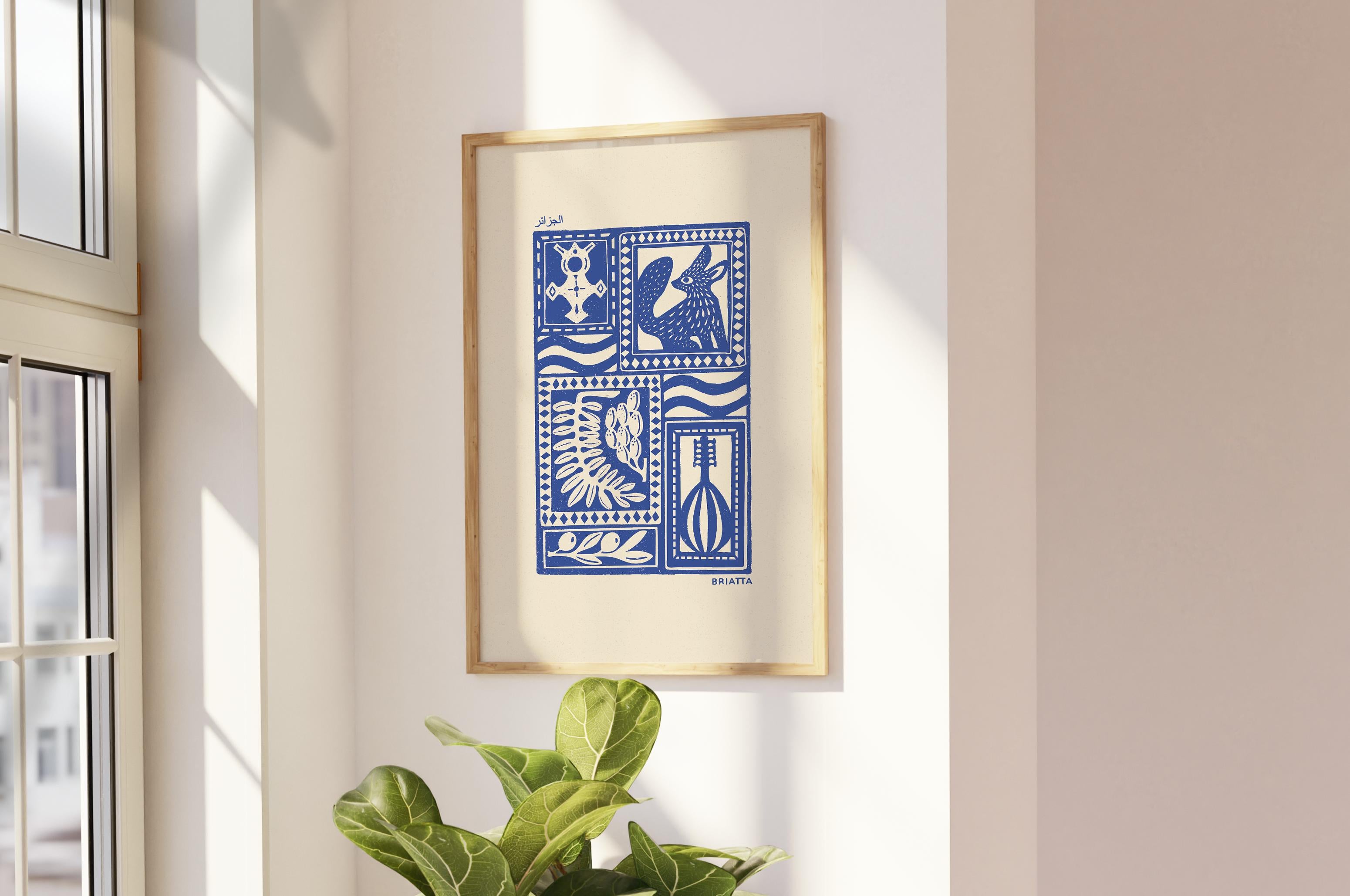 Affiche bleu l'Algérie, désert algérien, fennec et touareg, imprimé d'illustration dessinée à la main style linogravure minimaliste