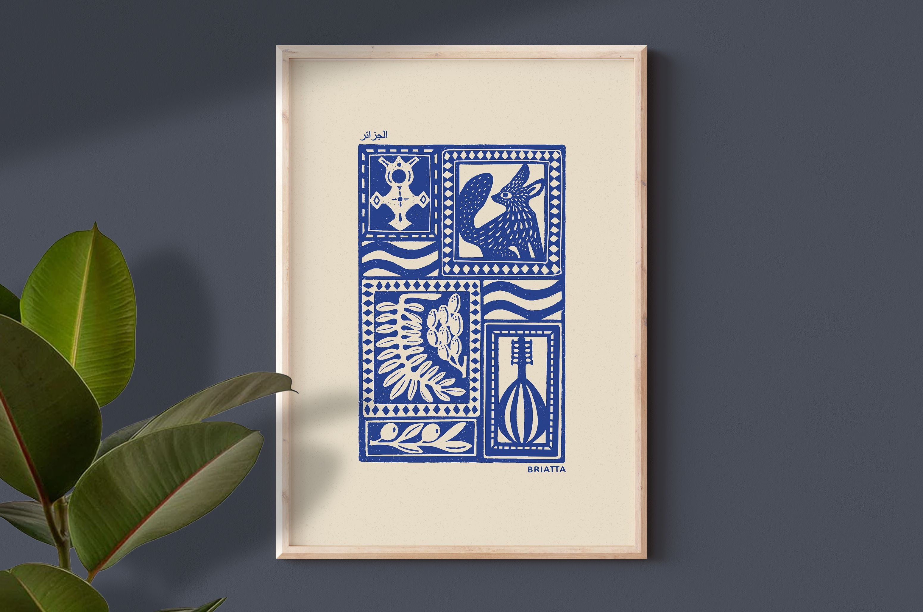 Affiche bleu l'Algérie, désert algérien, fennec et touareg, imprimé d'illustration dessinée à la main style linogravure minimaliste