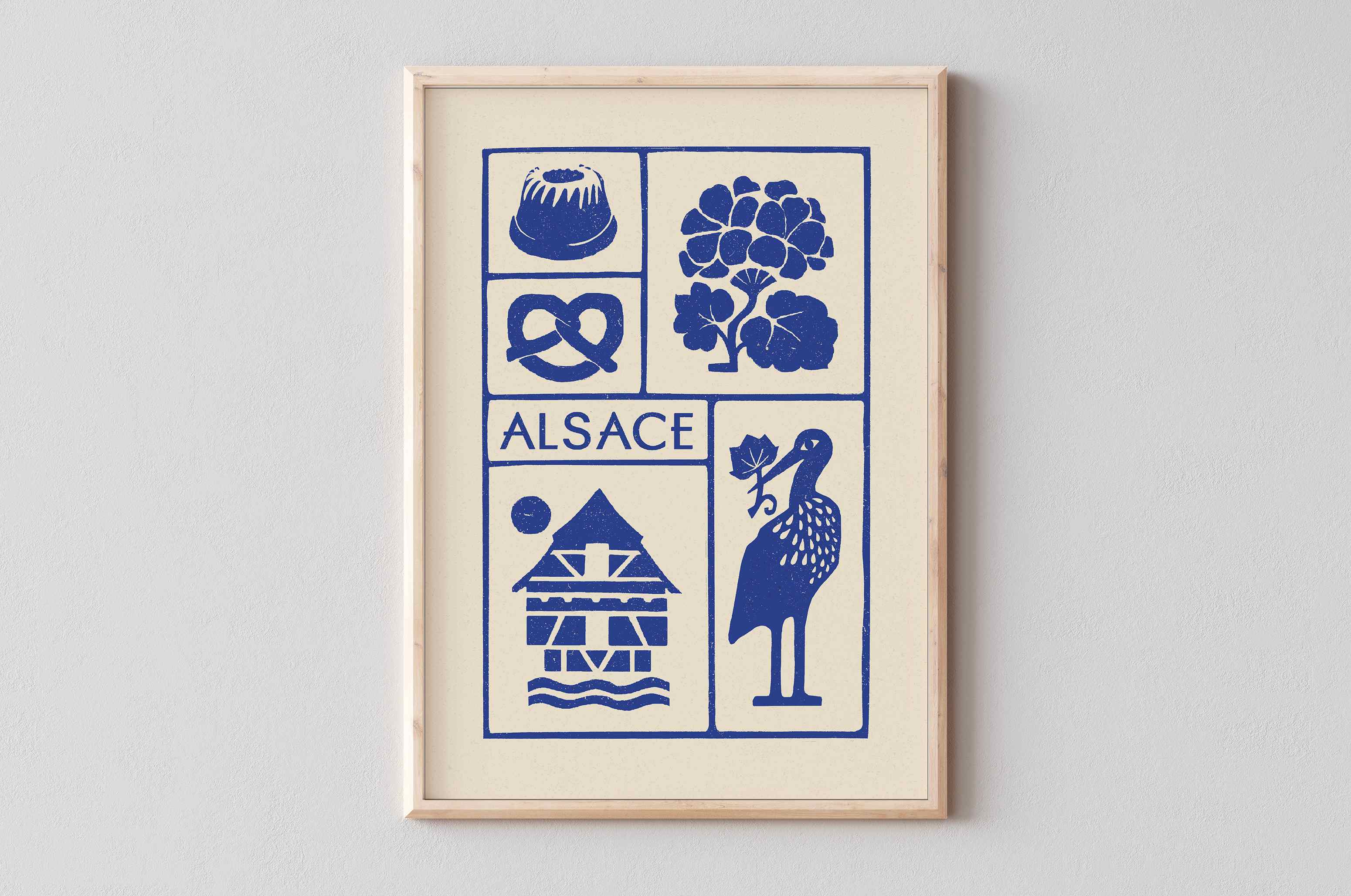 Affiche bleu de l'Alsace, des maisons alsaciennes, imprimé d'illustration dessinée à la main style linogravure