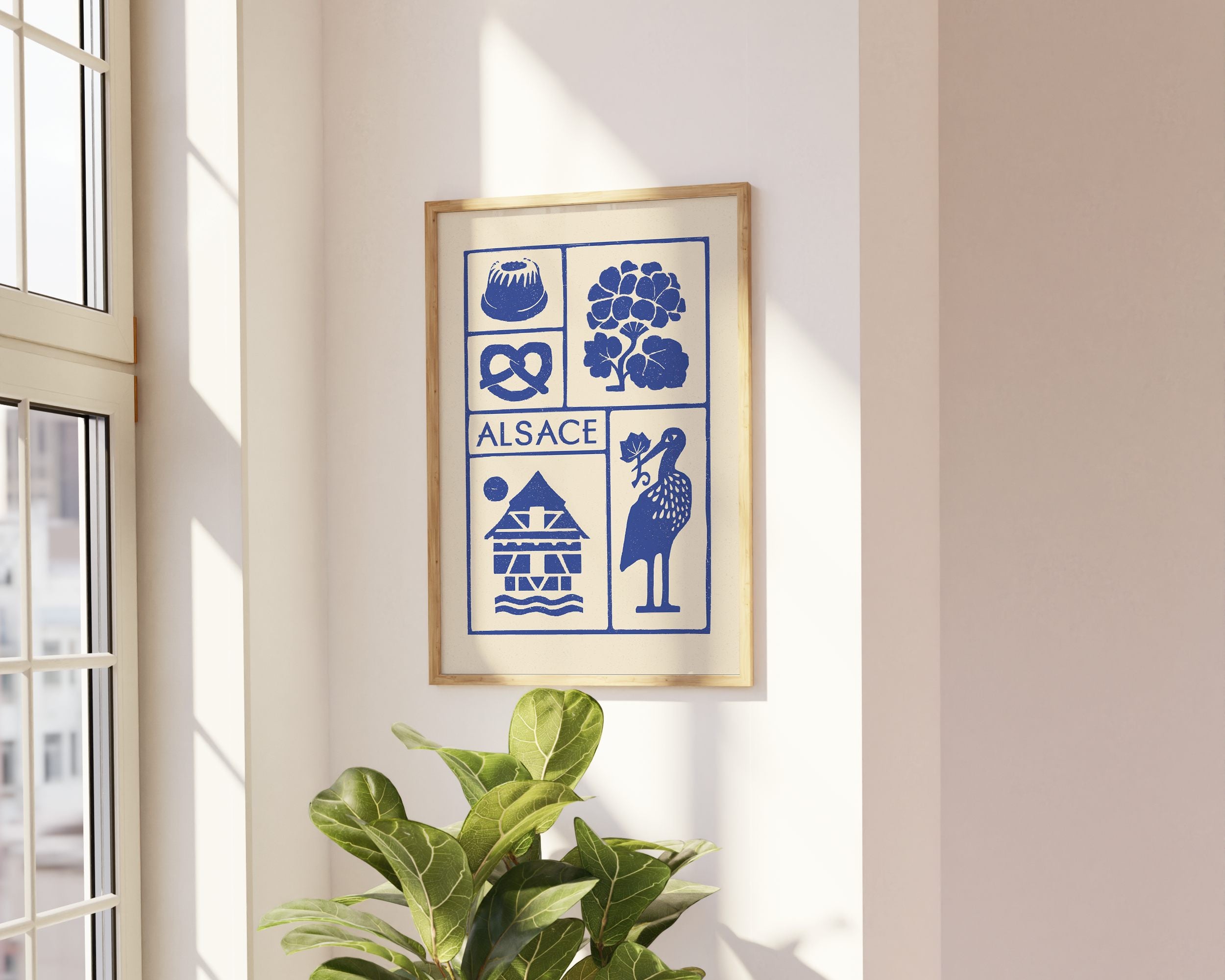 Affiche bleu de l'Alsace, des maisons alsaciennes, imprimé d'illustration dessinée à la main style linogravure