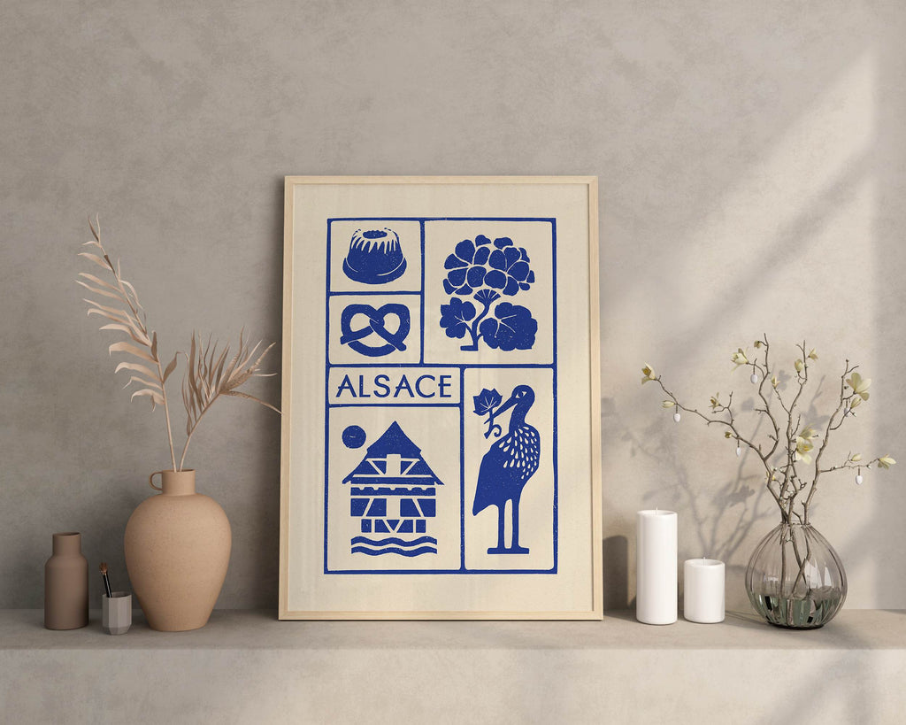 Affiche bleu de l'Alsace, des maisons alsaciennes, imprimé d'illustration dessinée à la main style linogravure