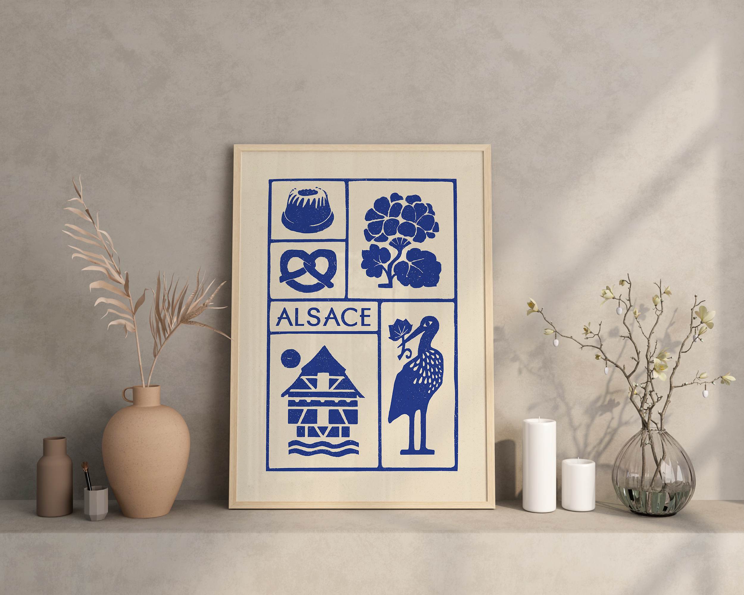 Affiche bleu de l'Alsace, des maisons alsaciennes, imprimé d'illustration dessinée à la main style linogravure