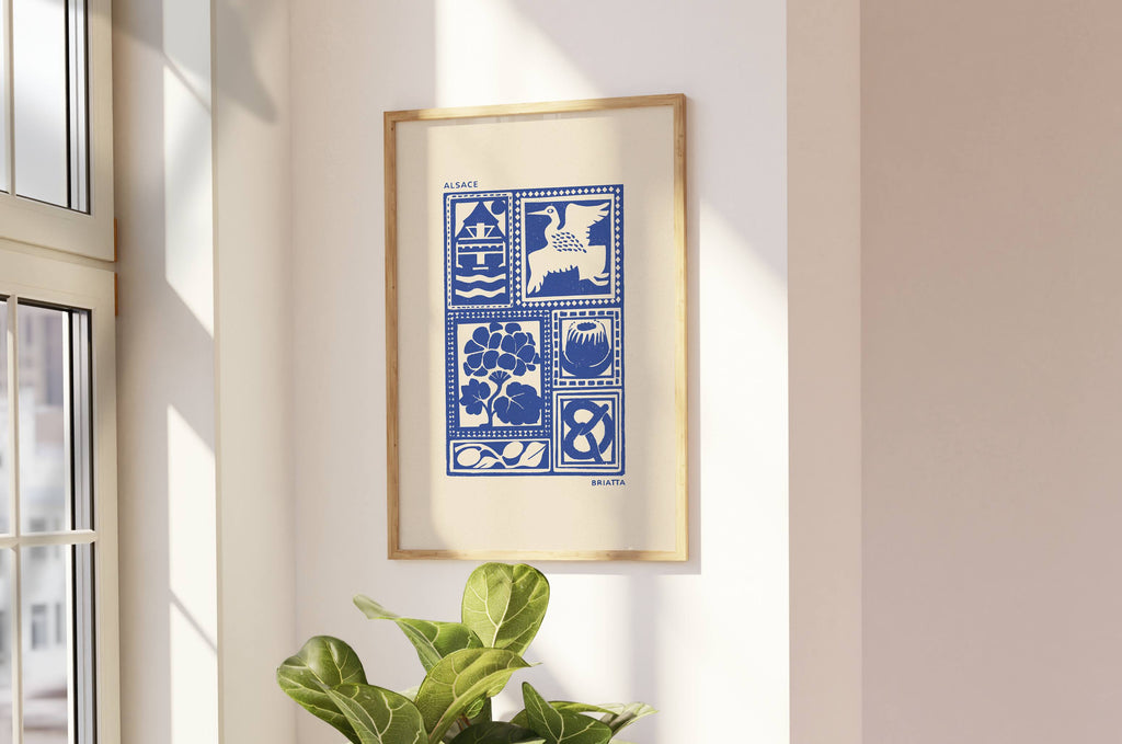 Affiche bleu de l'Alsace, des maisons alsaciennes, imprimé d'illustration dessinée à la main style linogravure