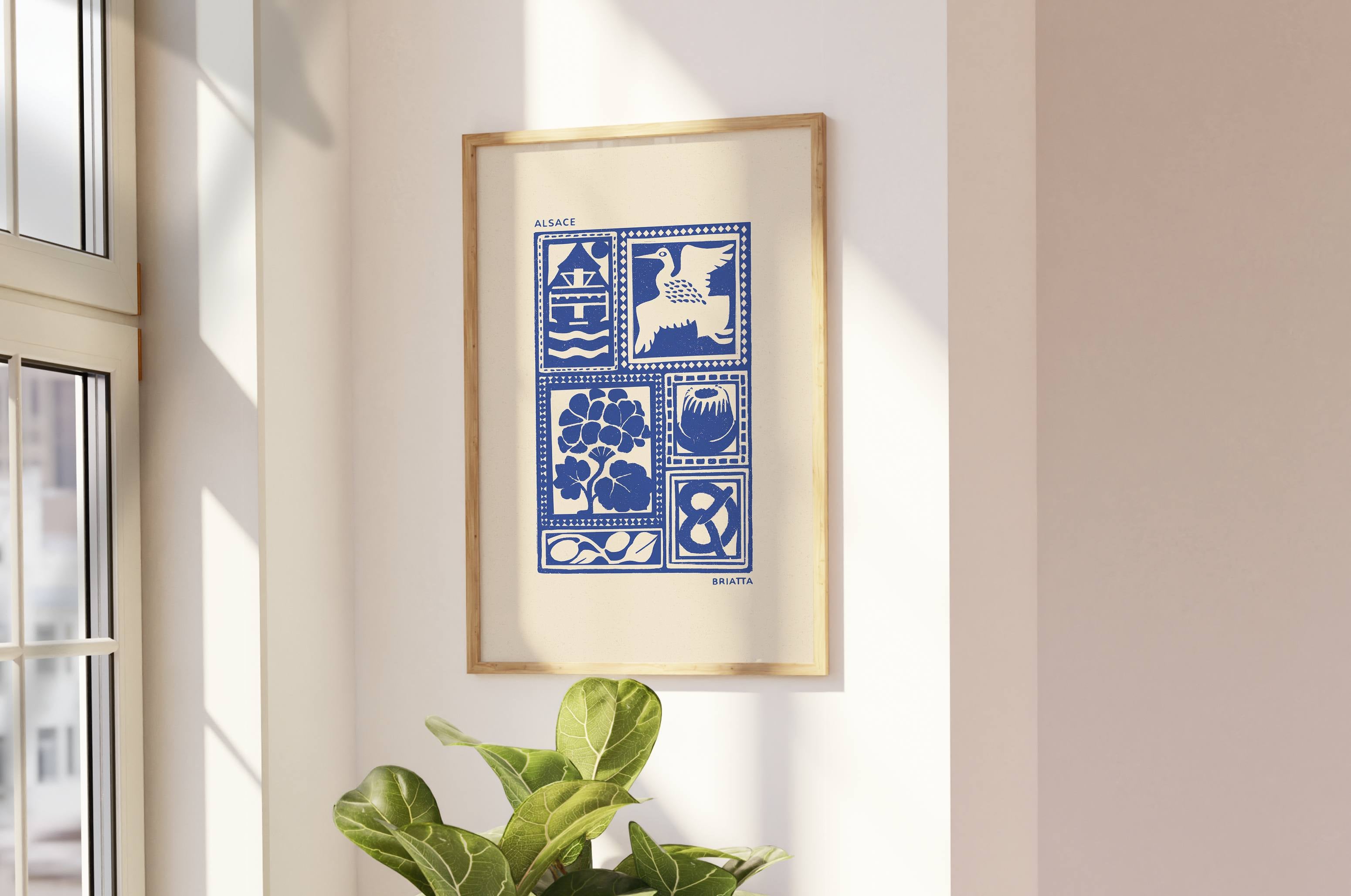 Affiche bleu de l'Alsace, des maisons alsaciennes, imprimé d'illustration dessinée à la main style linogravure
