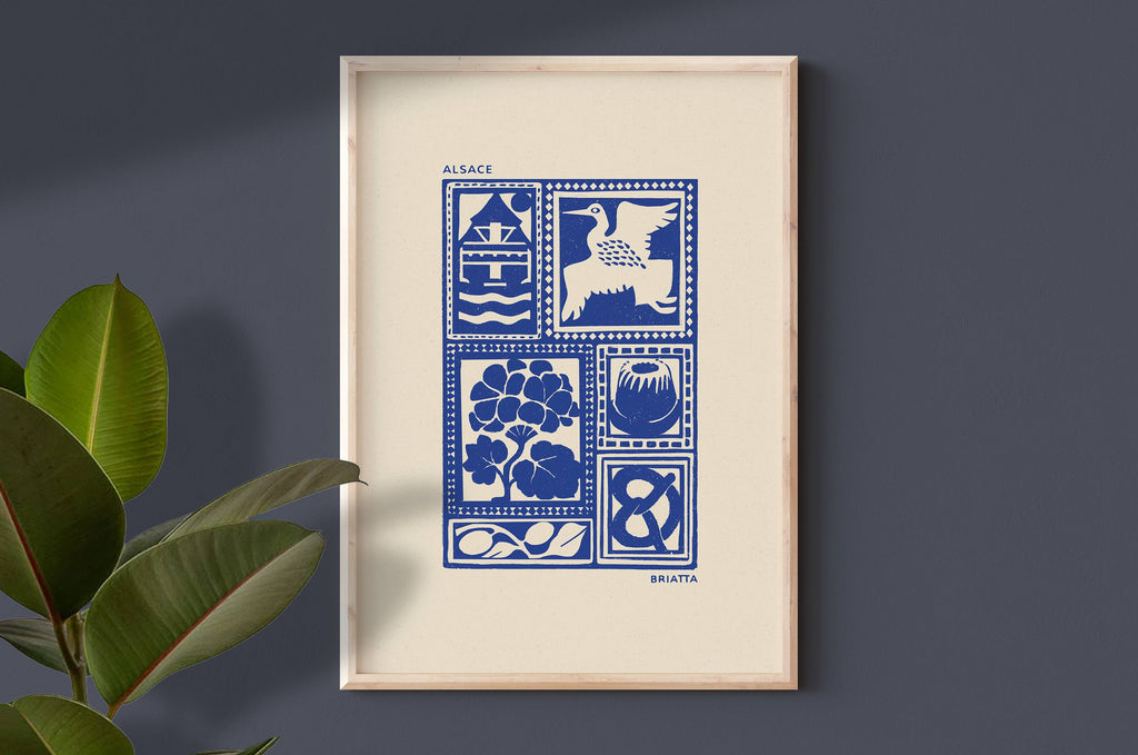 Affiche bleu de l'Alsace, des maisons alsaciennes, imprimé d'illustration dessinée à la main style linogravure