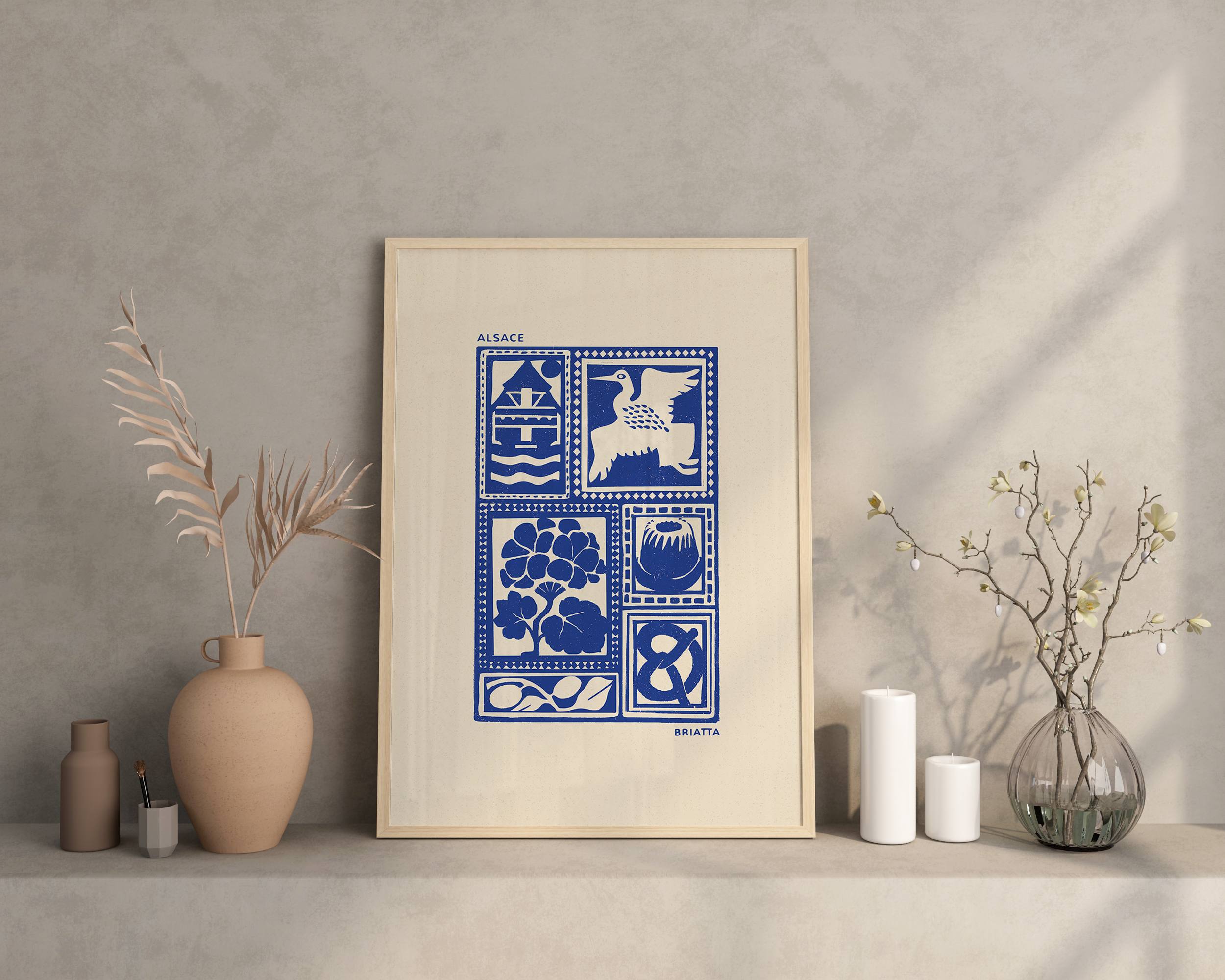 Affiche bleu de l'Alsace, des maisons alsaciennes, imprimé d'illustration dessinée à la main style linogravure