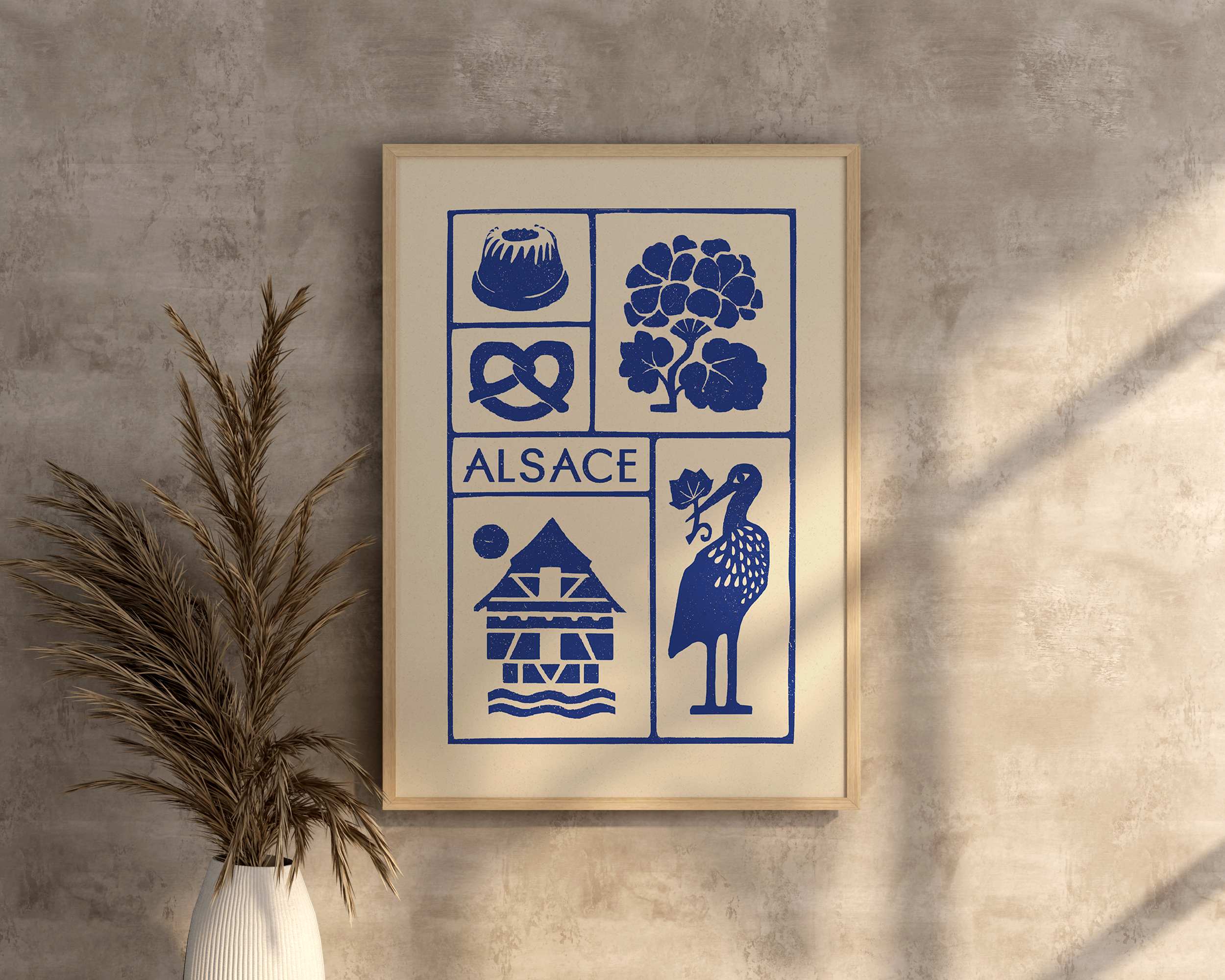 Affiche bleu de l'Alsace, des maisons alsaciennes, imprimé d'illustration dessinée à la main style linogravure