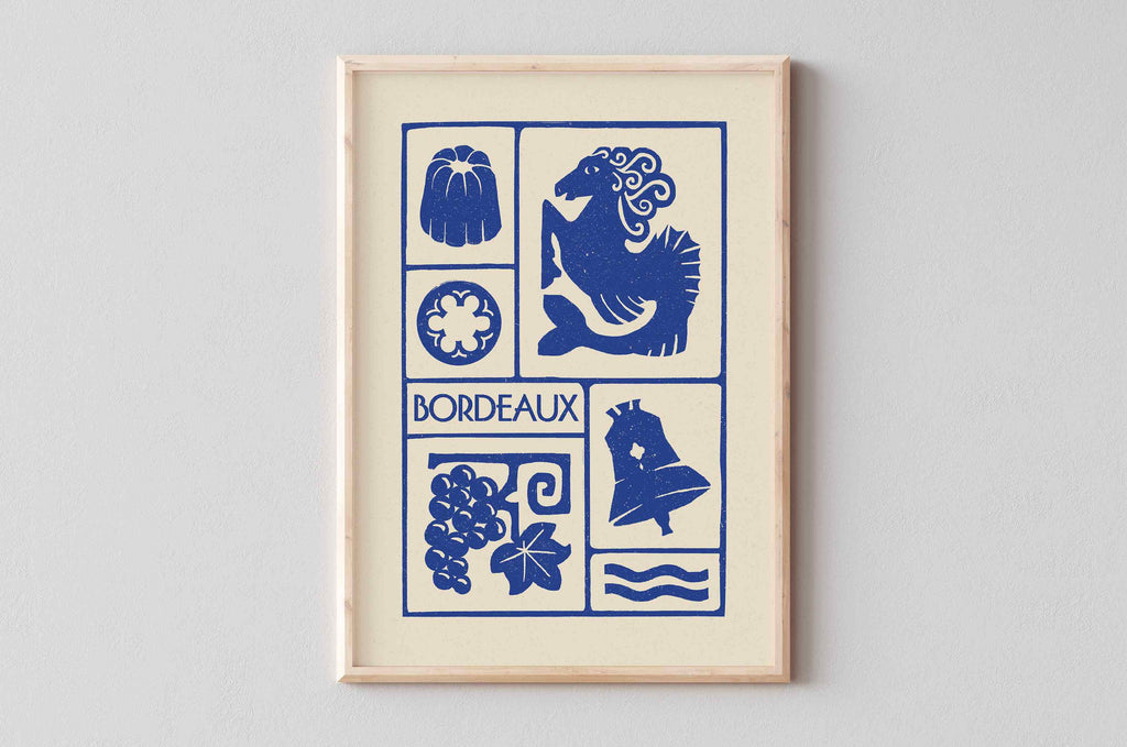 Affiche bleu de Bordeaux, la colonne des Girondins, les Cannelés, la grossecloche et le vin,  imprimé d'illustration dessinée à la main style linogravure