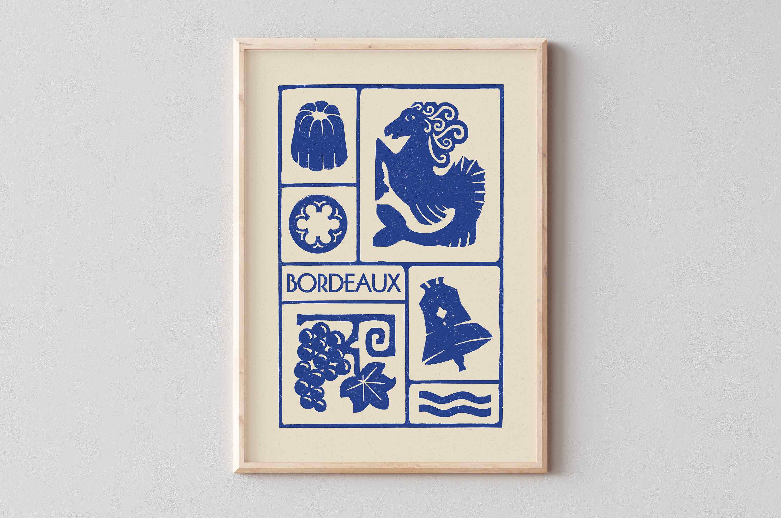 Affiche bleu de Bordeaux, la colonne des Girondins, les Cannelés, la grossecloche et le vin,  imprimé d'illustration dessinée à la main style linogravure
