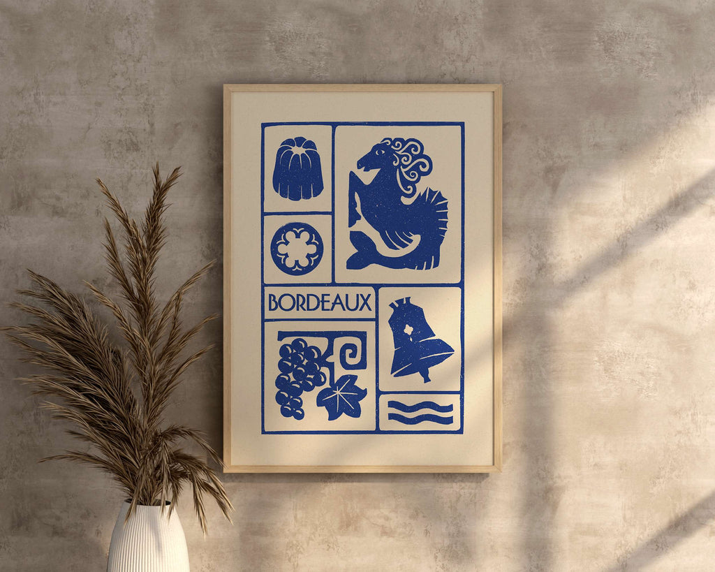 Affiche bleu de Bordeaux, la colonne des Girondins, les Cannelés, la grossecloche et le vin,  imprimé d'illustration dessinée à la main style linogravure