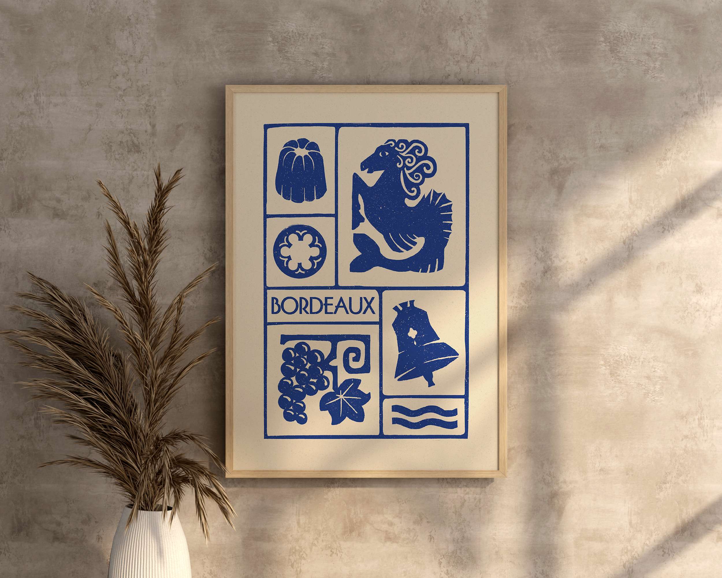 Affiche bleu de Bordeaux, la colonne des Girondins, les Cannelés, la grossecloche et le vin,  imprimé d'illustration dessinée à la main style linogravure