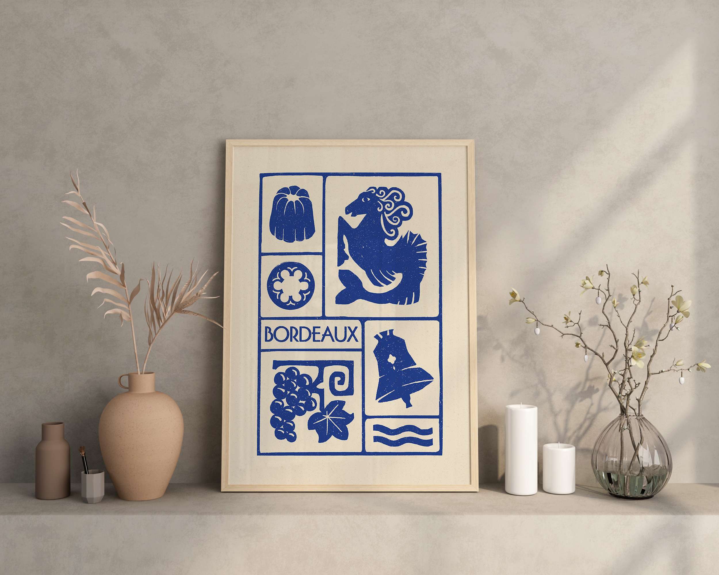 Affiche bleu de Bordeaux, la colonne des Girondins, les Cannelés, la grossecloche et le vin,  imprimé d'illustration dessinée à la main style linogravure