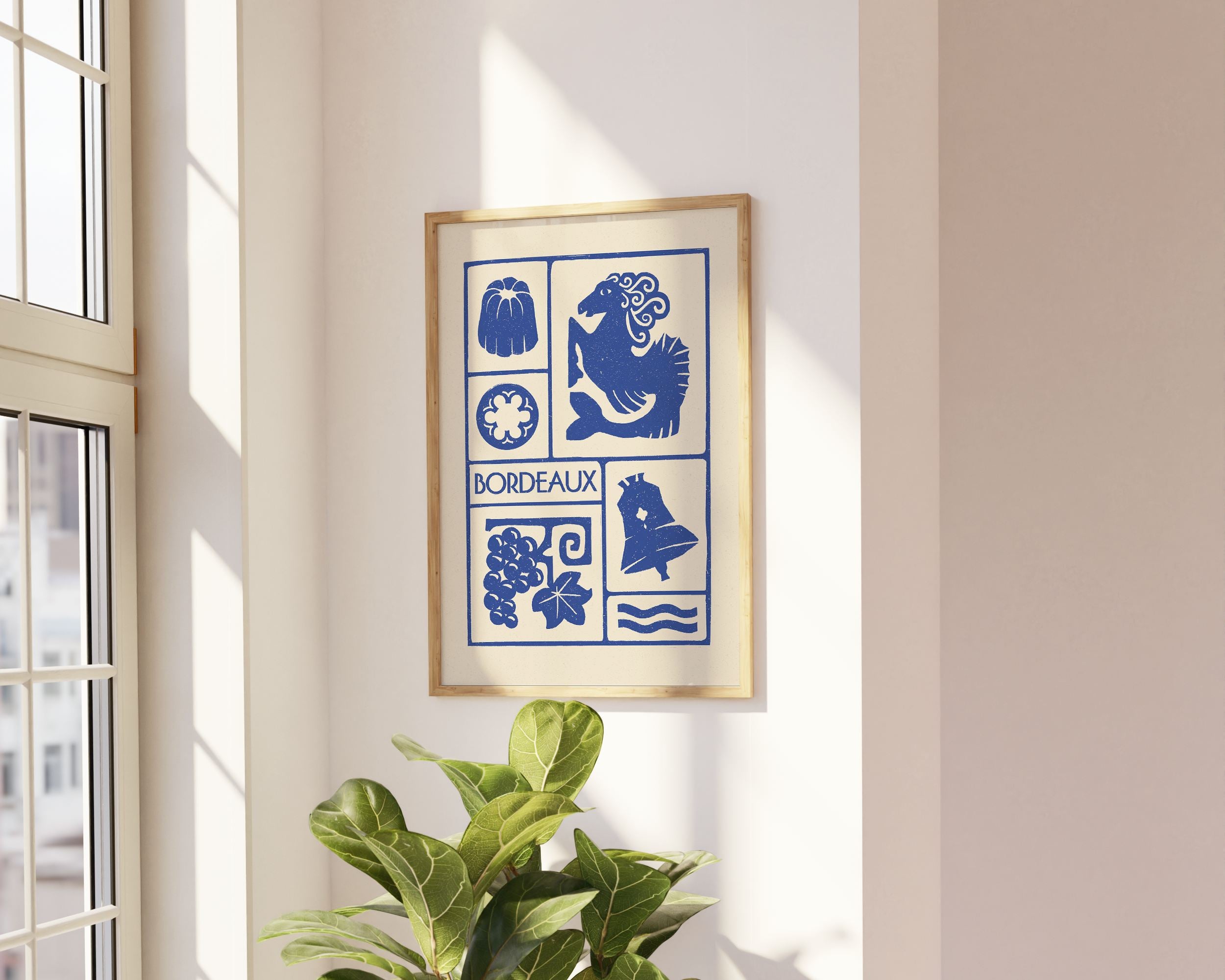 Affiche bleu de Bordeaux, la colonne des Girondins, les Cannelés, la grossecloche et le vin,  imprimé d'illustration dessinée à la main style linogravure