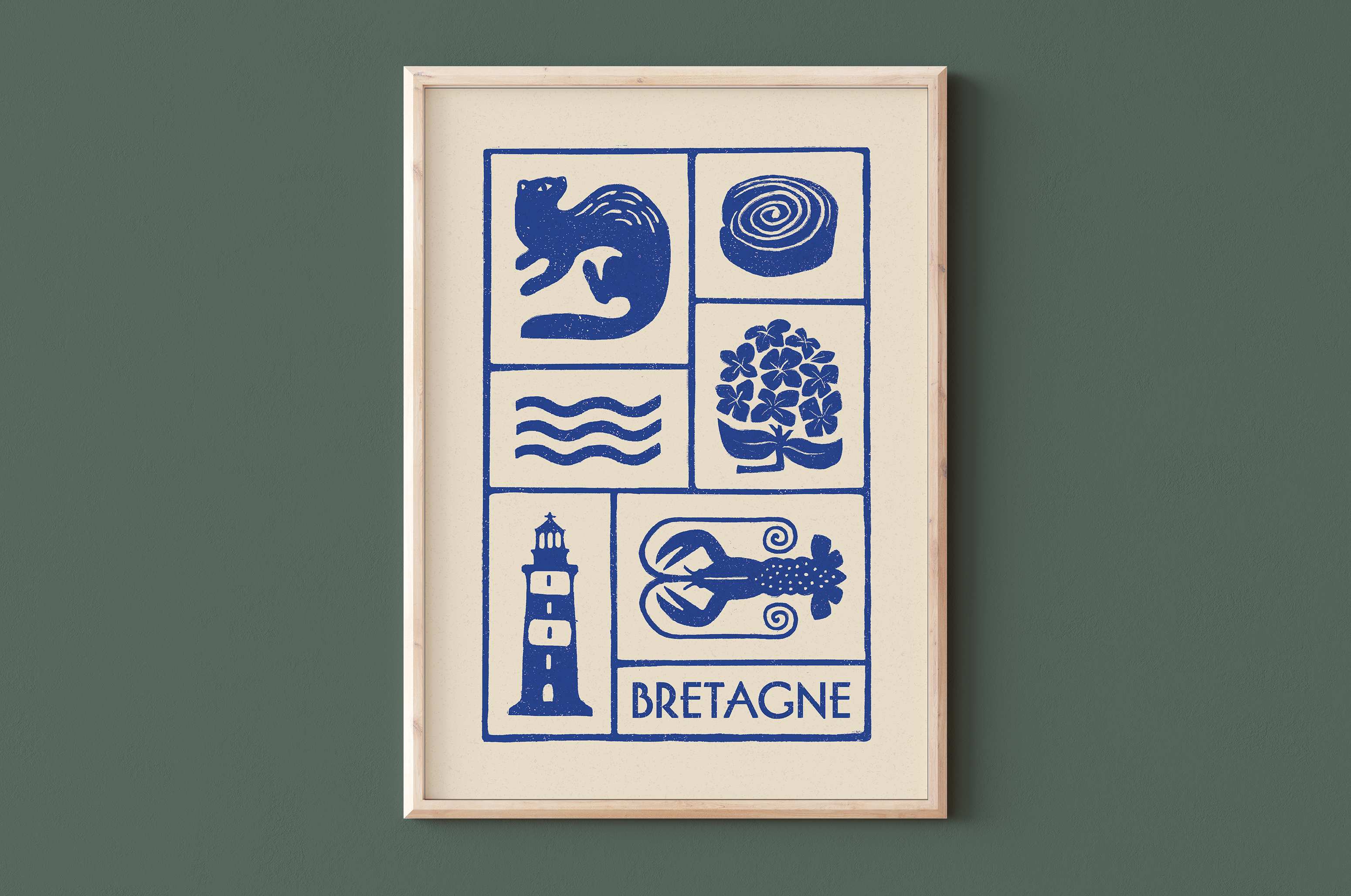 Affiche bleu de la Bretagne, un kouign amann, un phare breton et une hermine, imprimé d'illustration dessinée à la main style linogravure minimaliste