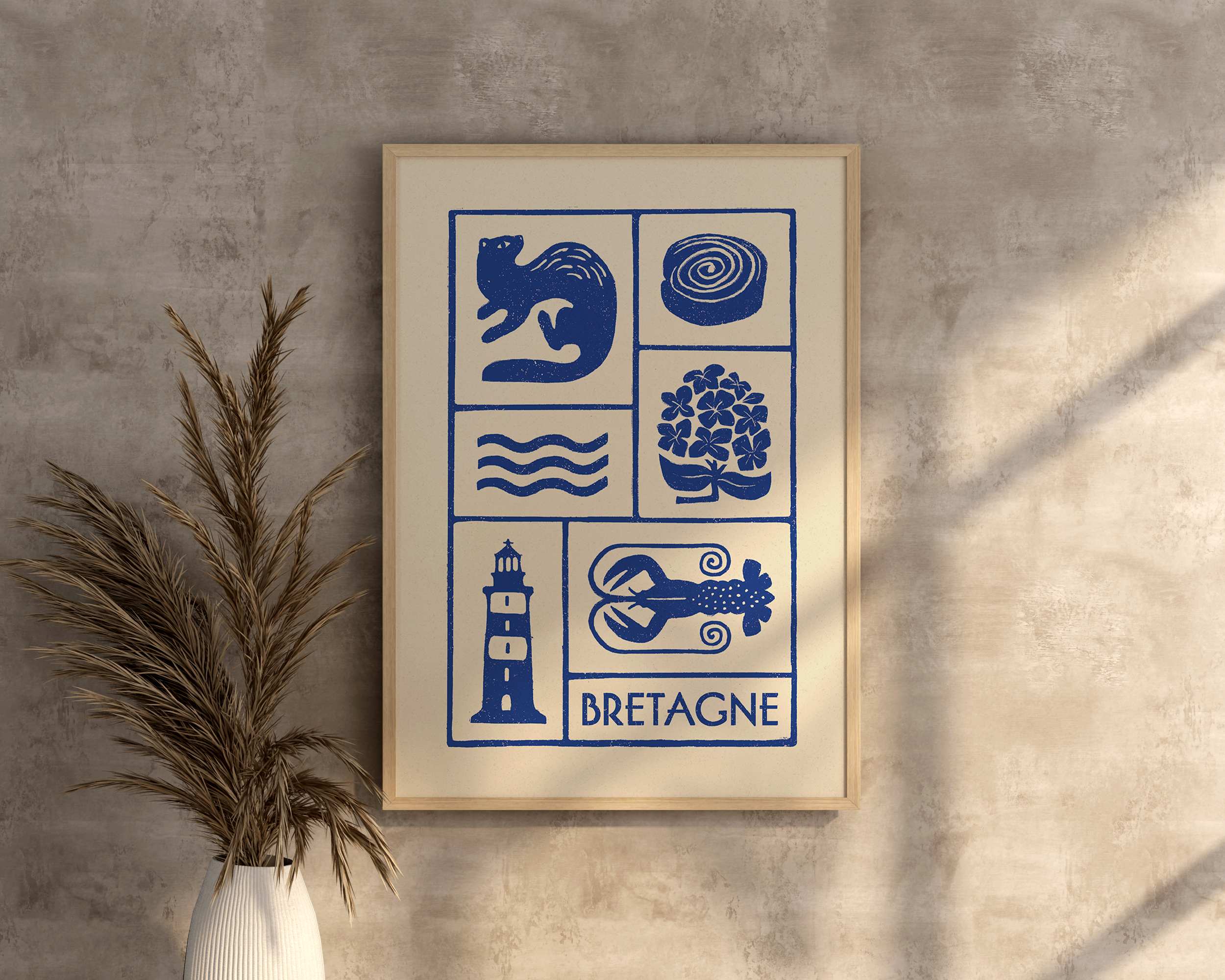 Affiche bleu de la Bretagne, un kouign amann, un phare breton et une hermine, imprimé d'illustration dessinée à la main style linogravure minimaliste