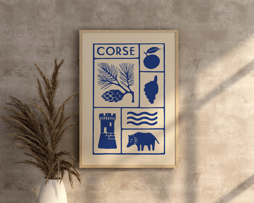 Affiche bleu de la Corse, l'île de beauté, pin laricio, imprimé d'illustration dessinée à la main style linogravure