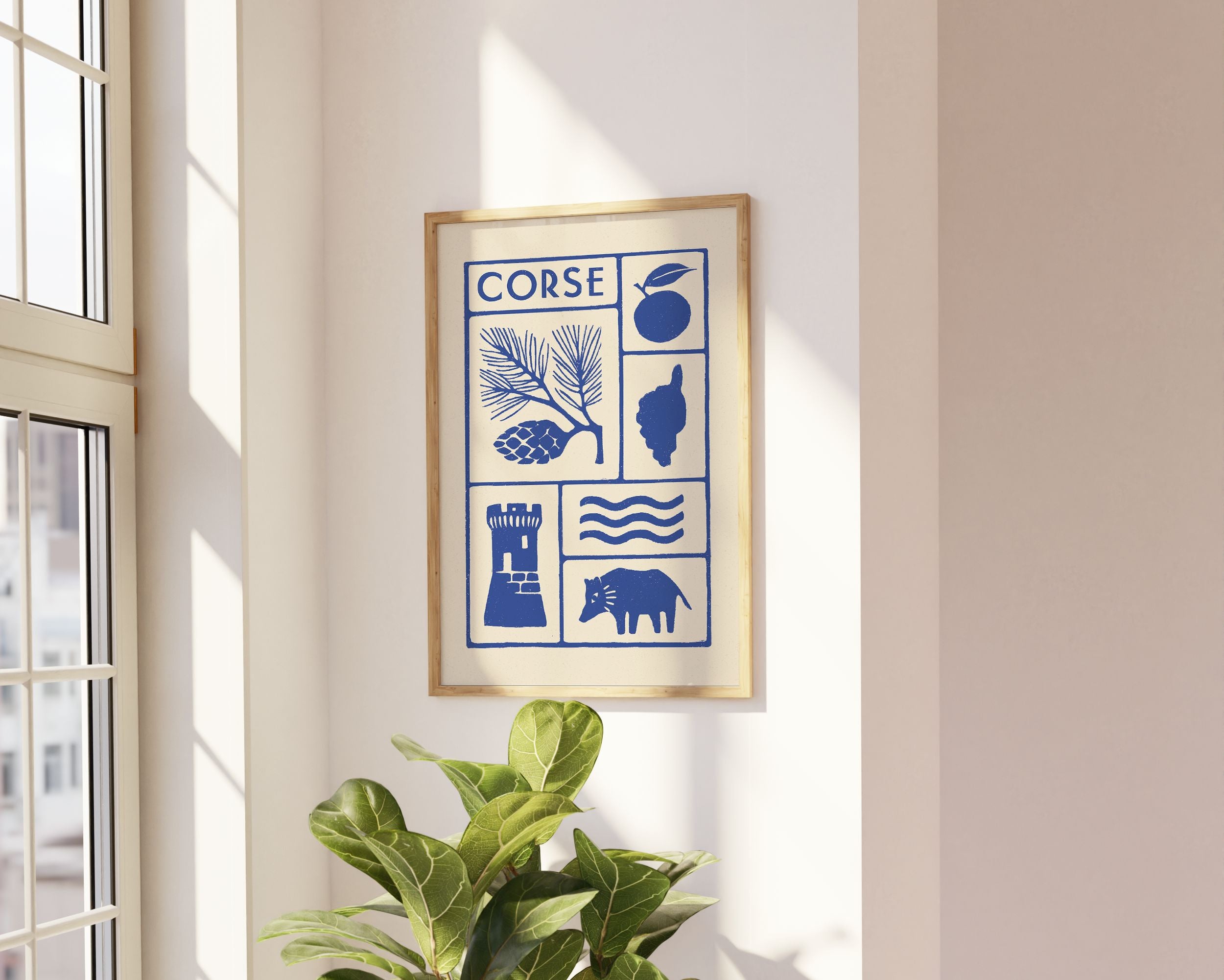 Affiche bleu de la Corse, l'île de beauté, pin laricio, imprimé d'illustration dessinée à la main style linogravure