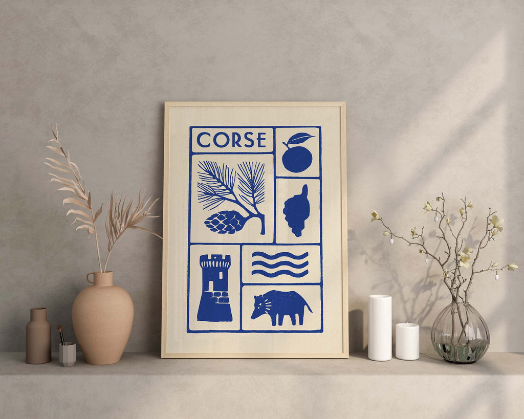 Affiche bleu de la Corse, l'île de beauté, pin laricio, imprimé d'illustration dessinée à la main style linogravure