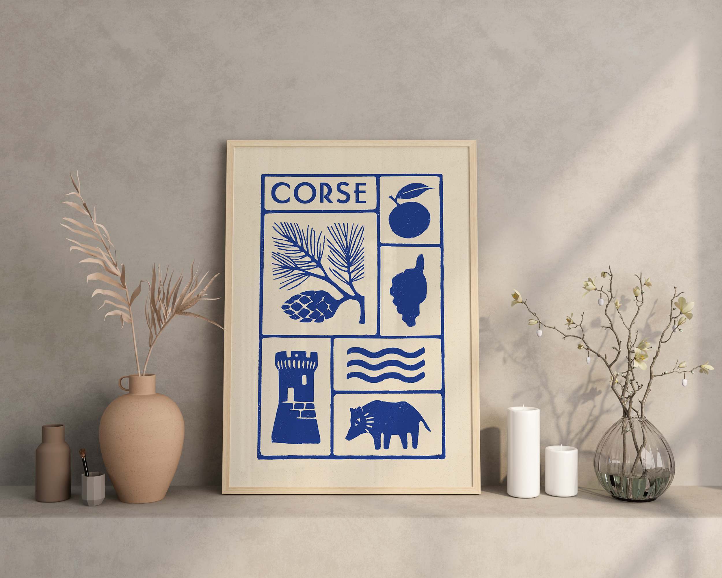 Affiche bleu de la Corse, l'île de beauté, pin laricio, imprimé d'illustration dessinée à la main style linogravure