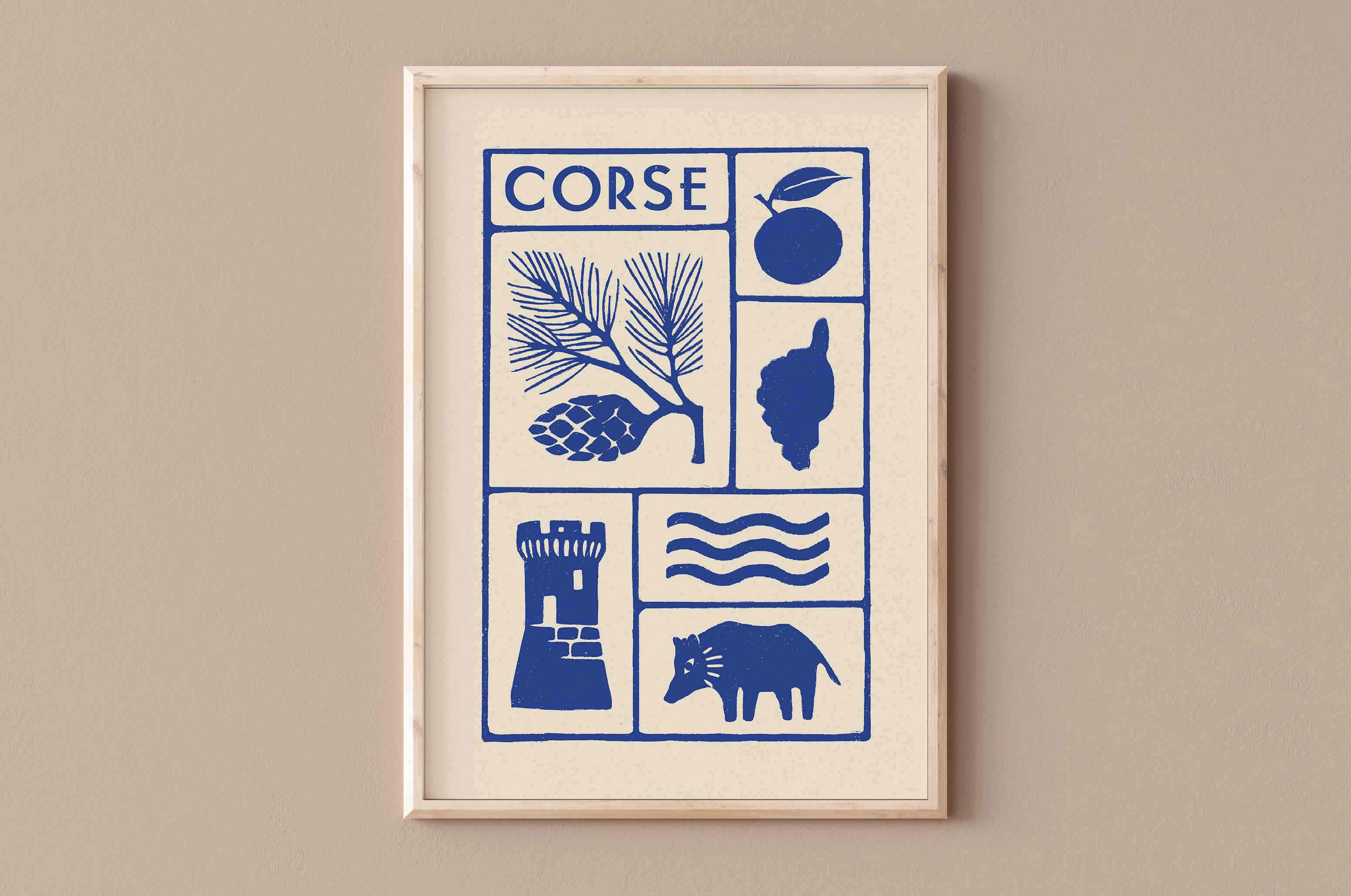 Affiche bleu de la Corse, l'île de beauté, pin laricio, imprimé d'illustration dessinée à la main style linogravure