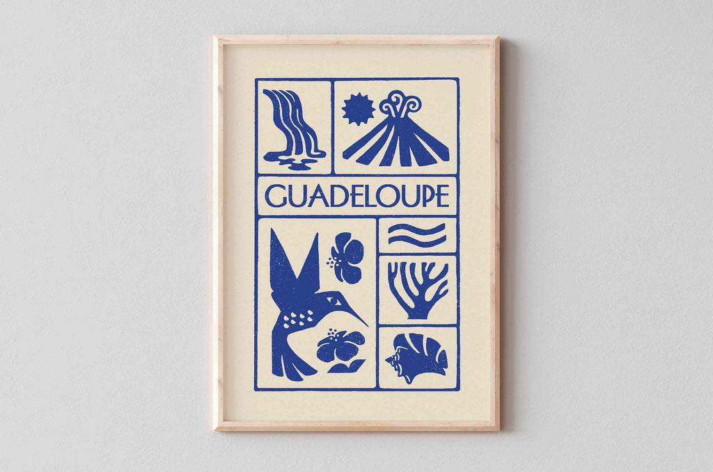 Affiche bleu de la Guadeloupe, la Soufrière, le Colobri, le Lambi, imprimé d'illustration dessinée à la main style linogravure