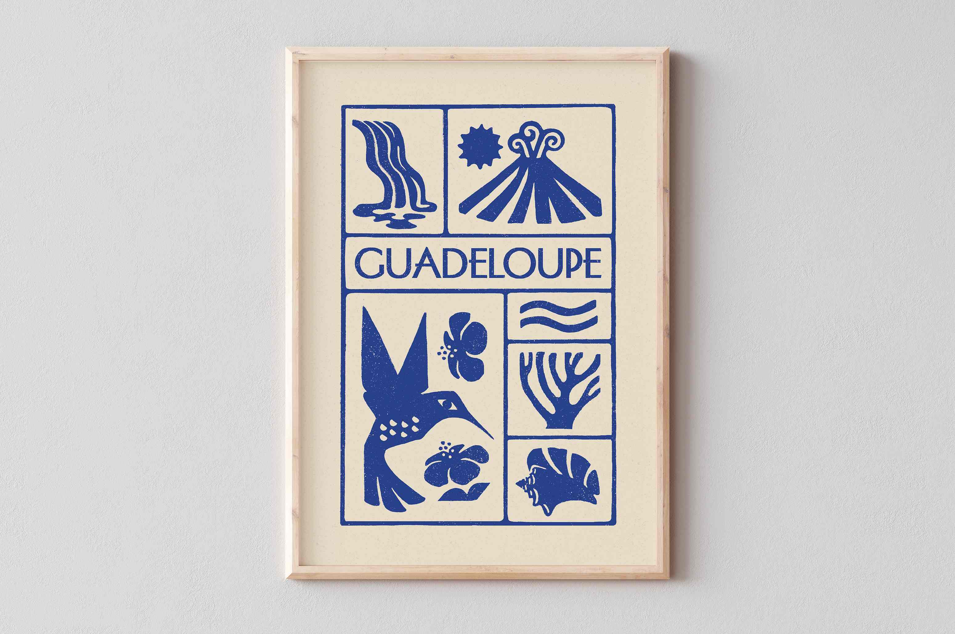Affiche bleu de la Guadeloupe, la Soufrière, le Colobri, le Lambi, imprimé d'illustration dessinée à la main style linogravure