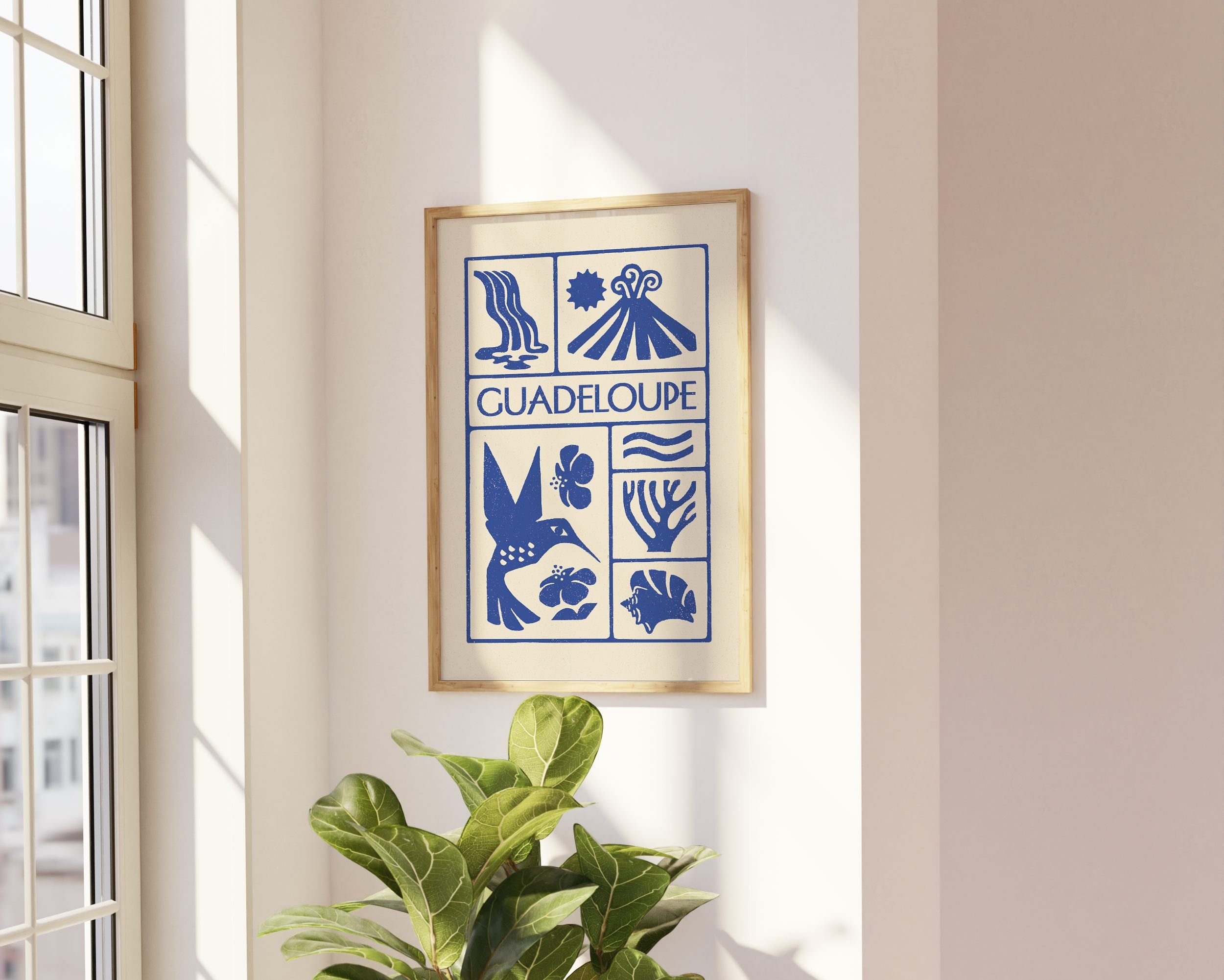 Affiche bleu de la Guadeloupe, la Soufrière, le Colobri, le Lambi, imprimé d'illustration dessinée à la main style linogravure