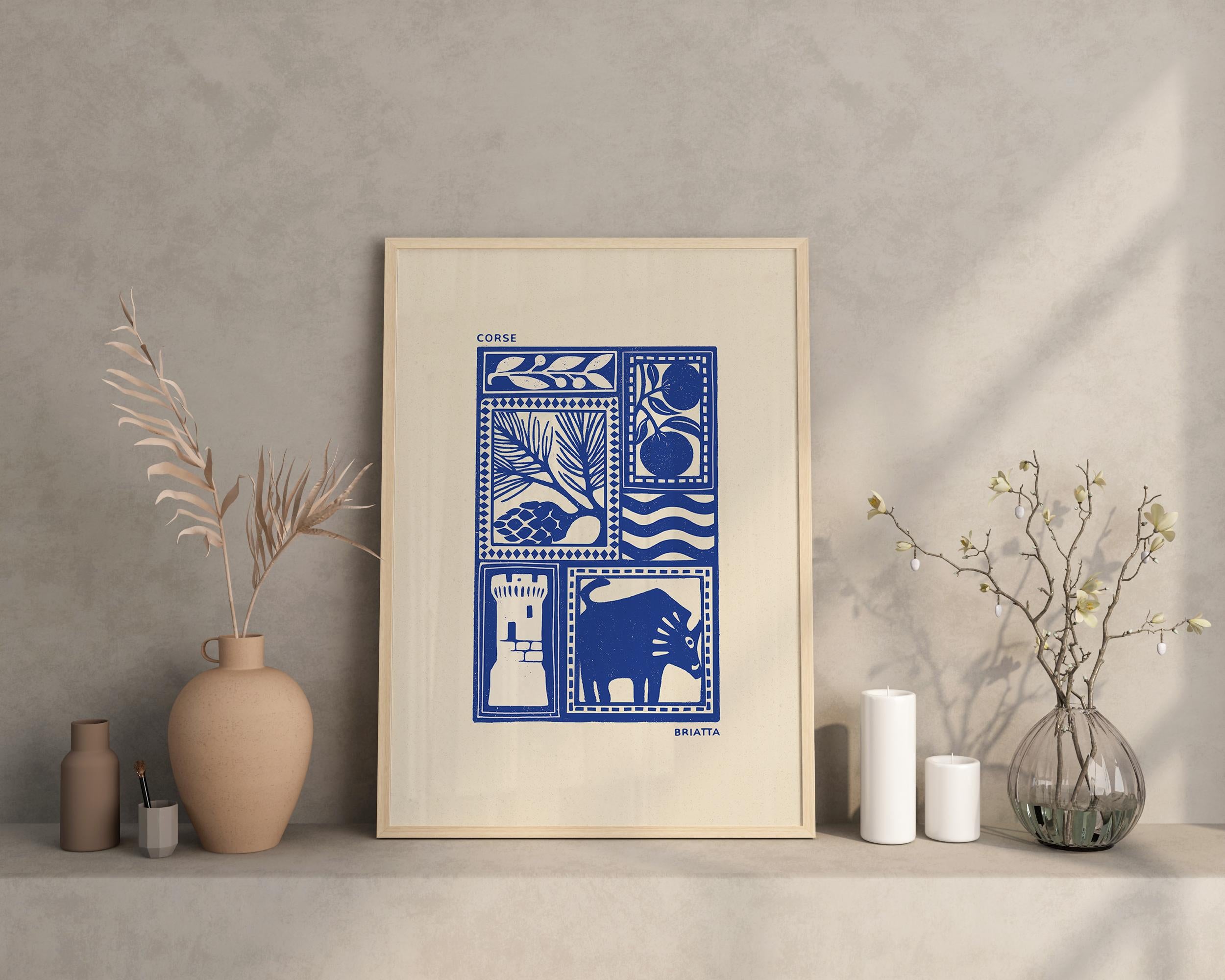 Affiche bleu de la Corse, l'île de beauté, imprimé d'illustration dessinée à la main style linogravure