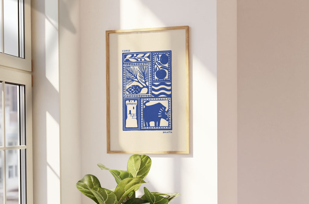 Affiche bleu de la Corse, l'île de beauté, imprimé d'illustration dessinée à la main style linogravure