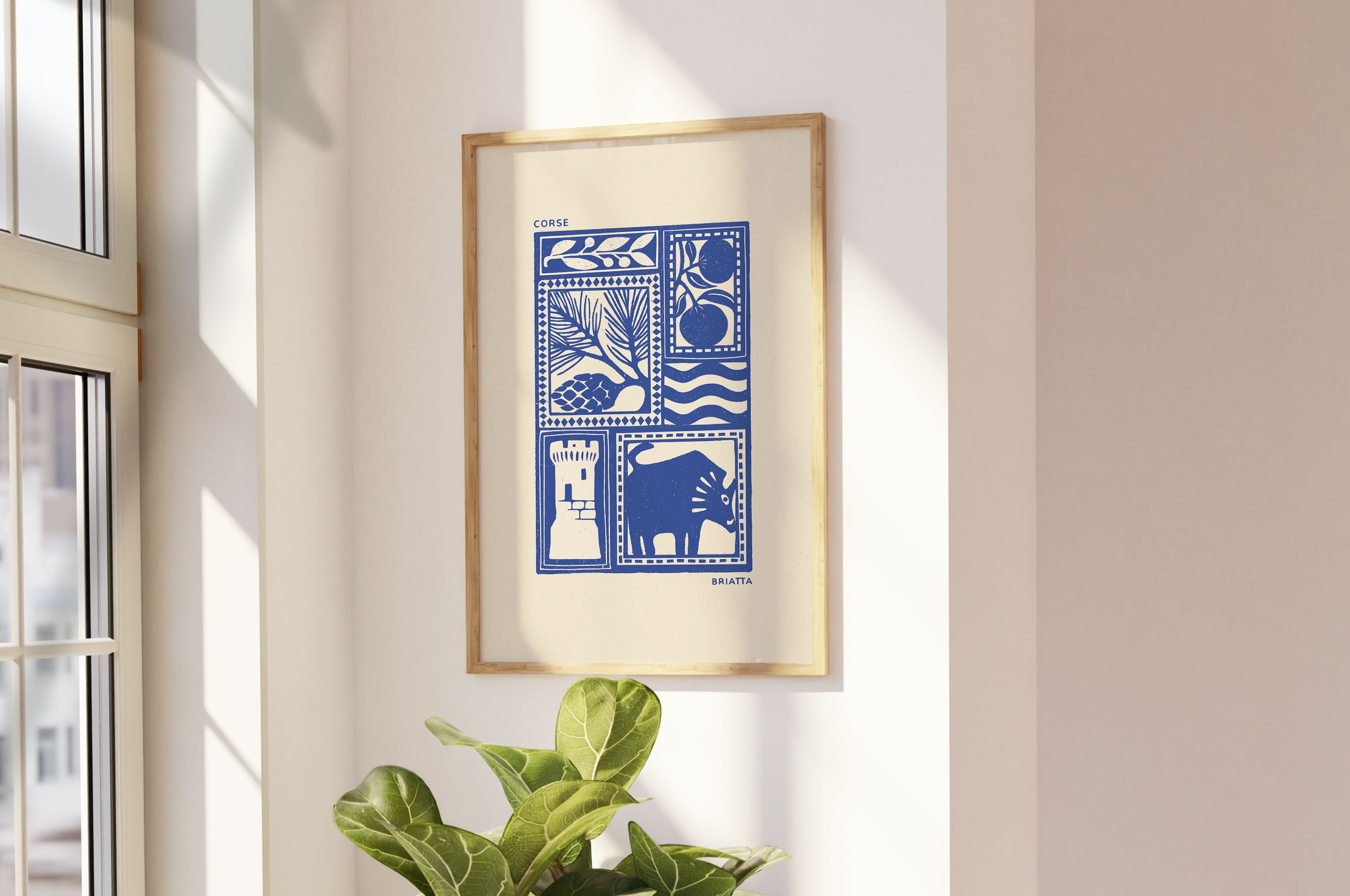 Affiche bleu de la Corse, l'île de beauté, imprimé d'illustration dessinée à la main style linogravure