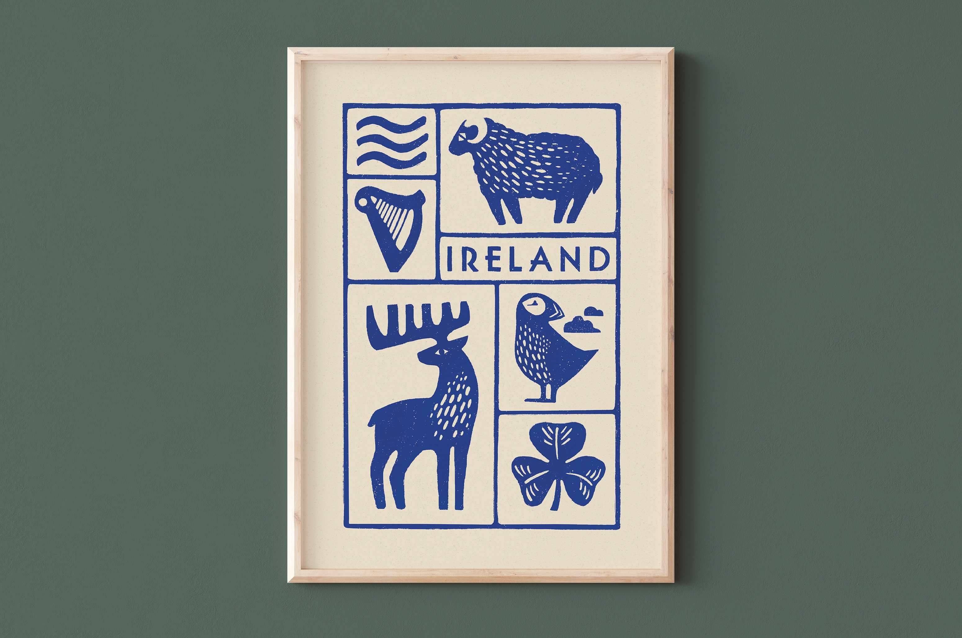 Affiche bleu de l'Irlande, ses moutons, les macareux, harpe et trèfle,  imprimé d'illustration dessinée à la main style linogravure minimaliste