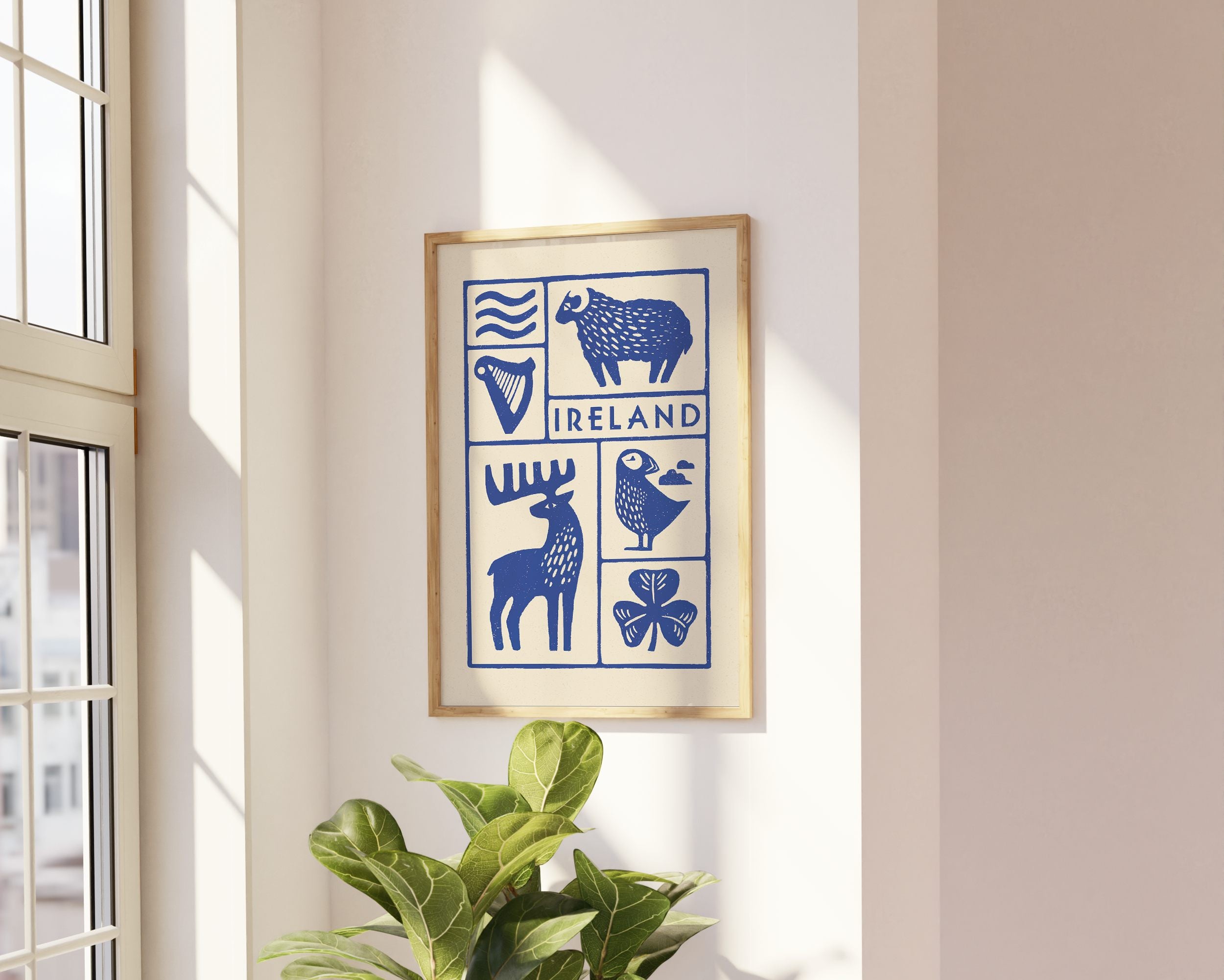 Affiche bleu de l'Irlande, ses moutons, les macareux, harpe et trèfle,  imprimé d'illustration dessinée à la main style linogravure minimaliste