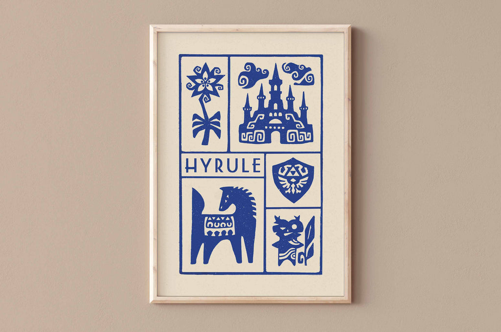 Affiche bleu de jeux vidéo heroic fantasy, imprimé d'illustration dessinée à la main style linogravure et minimaliste