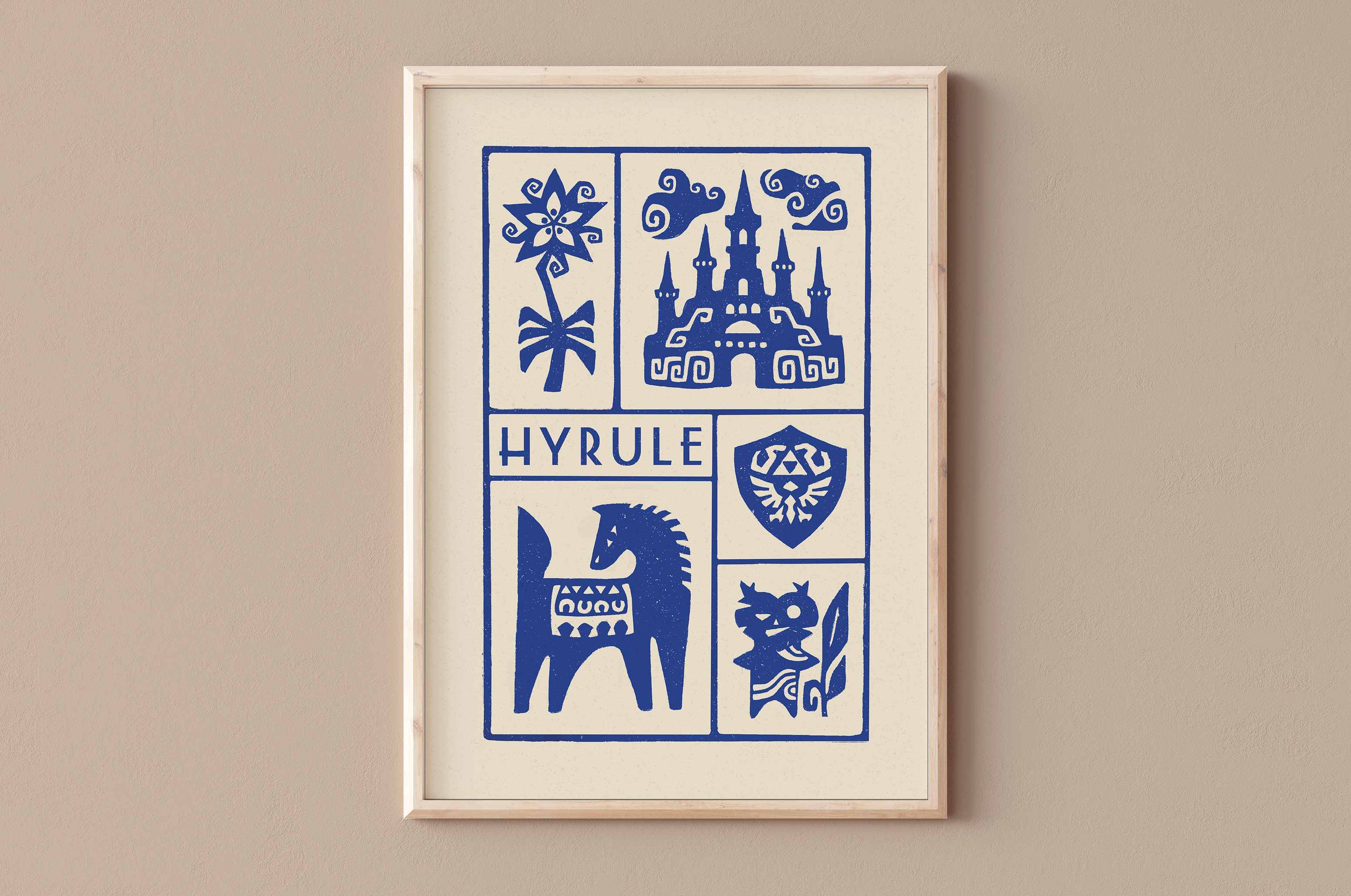 Affiche bleu de jeux vidéo heroic fantasy, imprimé d'illustration dessinée à la main style linogravure et minimaliste