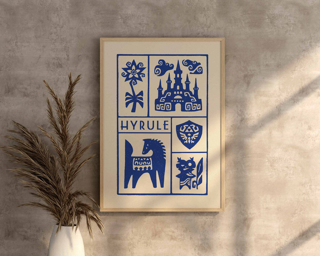 Affiche bleu de jeux vidéo heroic fantasy, imprimé d'illustration dessinée à la main style linogravure et minimaliste