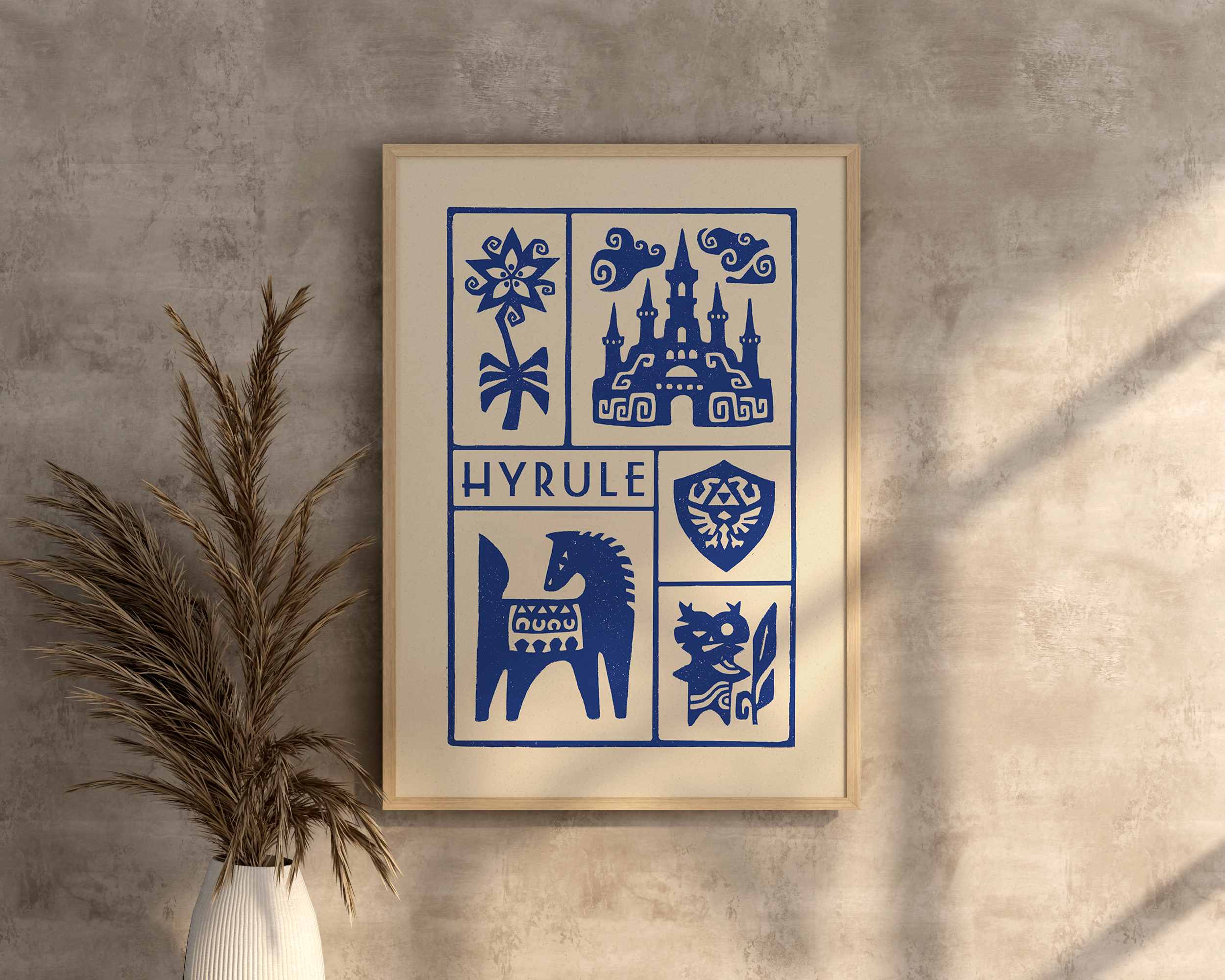 Affiche bleu de jeux vidéo heroic fantasy, imprimé d'illustration dessinée à la main style linogravure et minimaliste