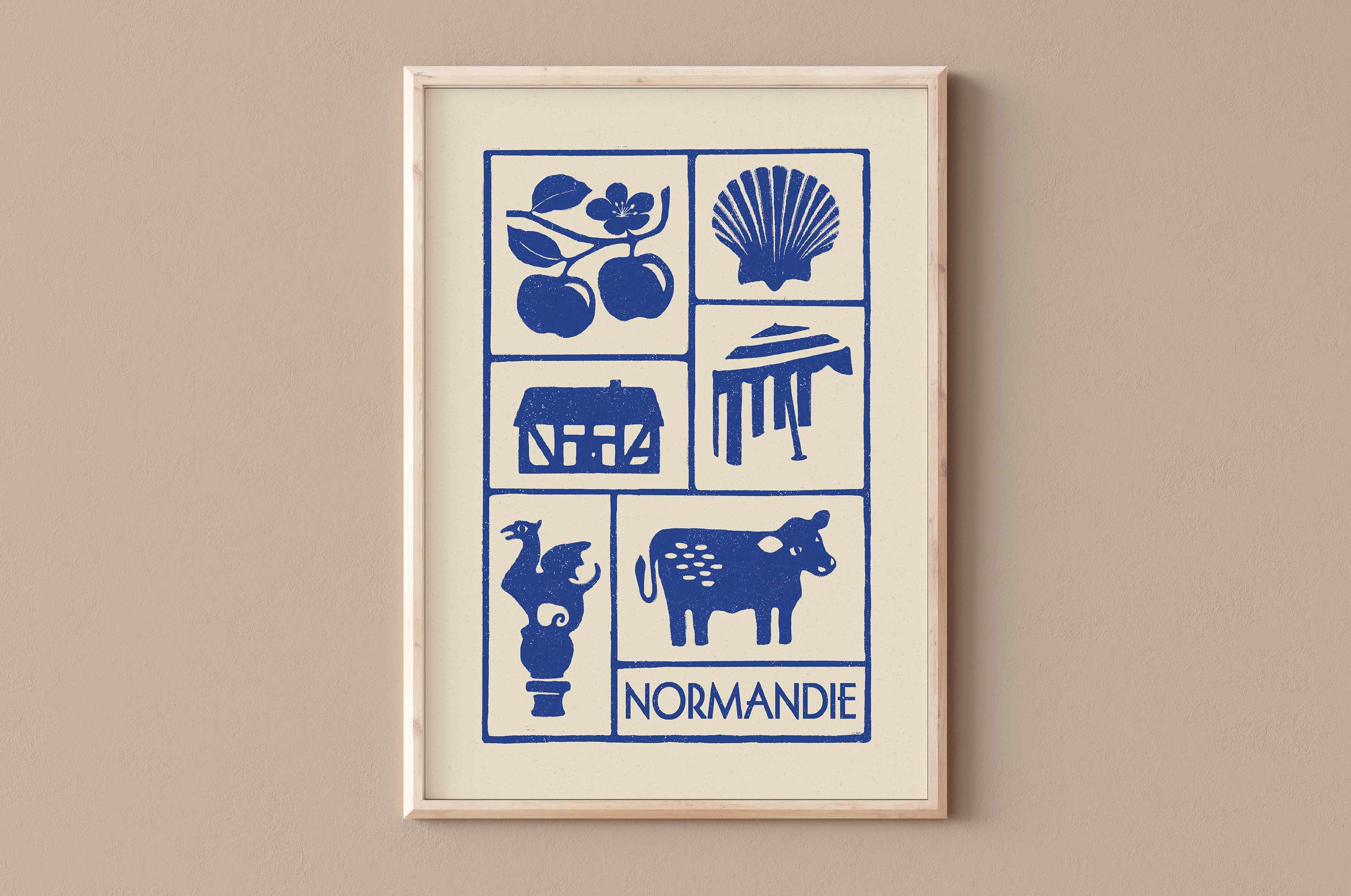 Affiche bleu de la Normandie, ses maison a colombages et Deauville, imprimé d'illustration dessinée à la main style linogravure
