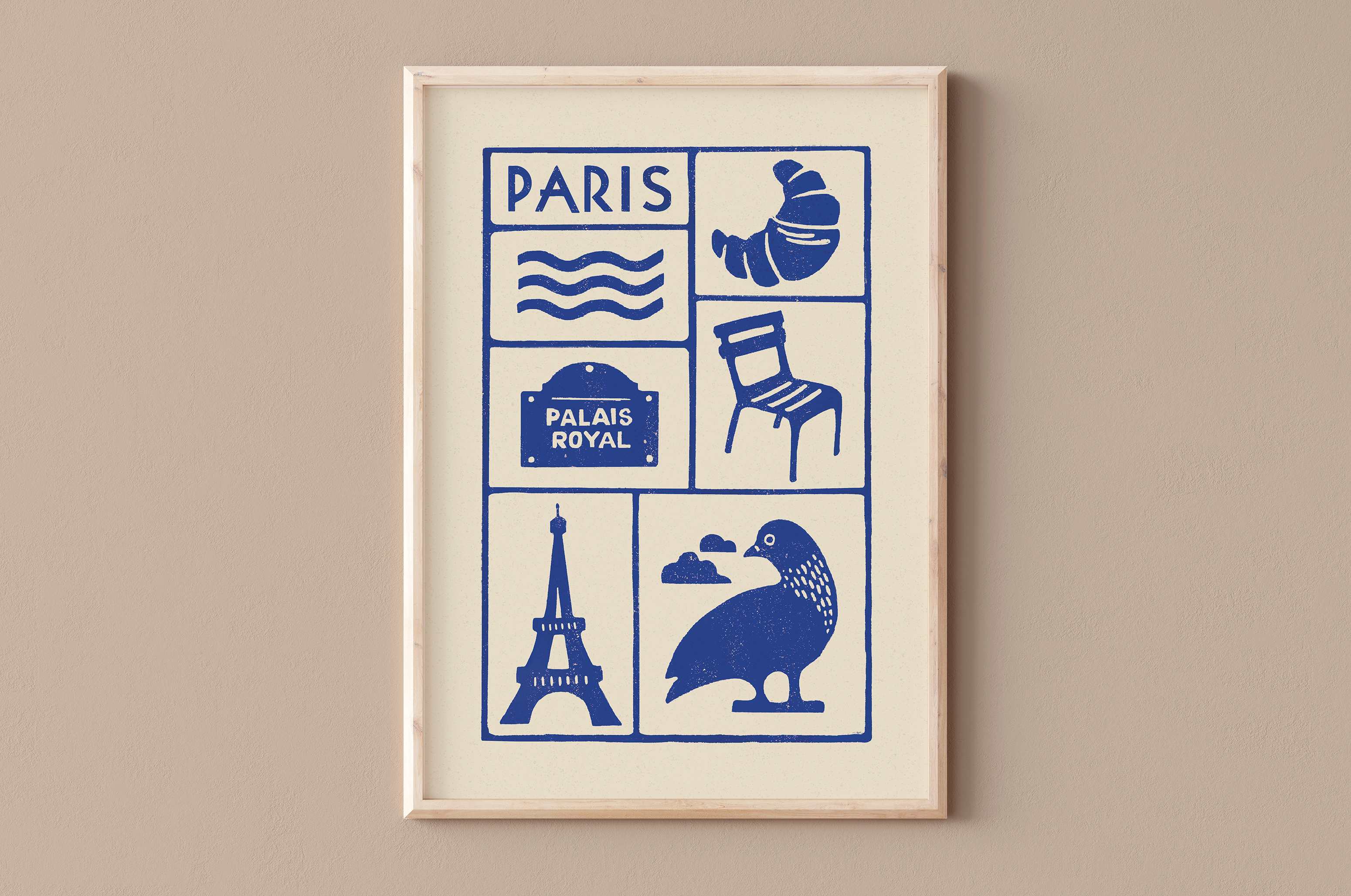 Affiche bleu de Paris, la tour Eiffel, les chaises du jardin du Luxembourg  imprimé d'illustration dessinée à la main style linogravure minimaliste