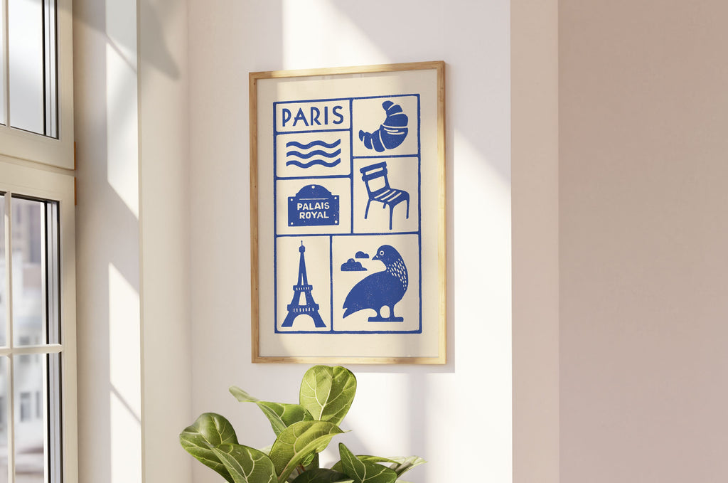 Affiche bleu de Paris, la tour Eiffel, les chaises du jardin du Luxembourg  imprimé d'illustration dessinée à la main style linogravure minimaliste