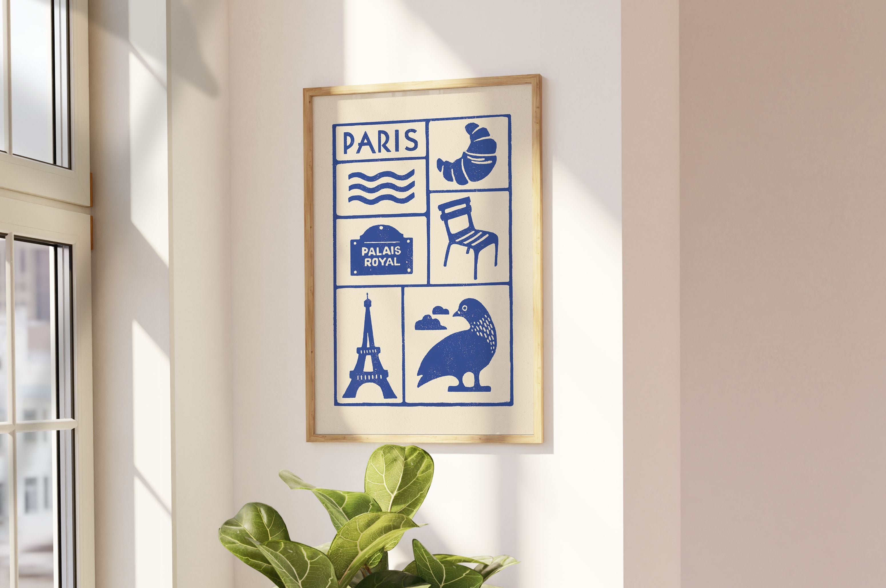 Affiche bleu de Paris, la tour Eiffel, les chaises du jardin du Luxembourg  imprimé d'illustration dessinée à la main style linogravure minimaliste