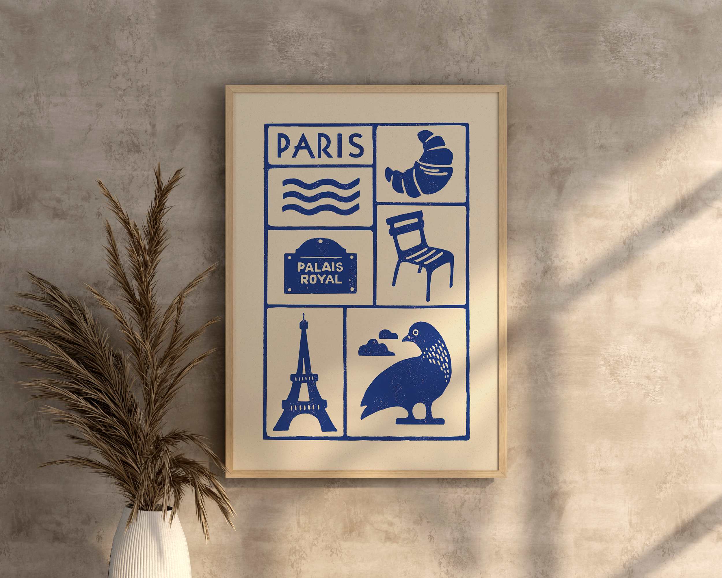 Affiche bleu de Paris, la tour Eiffel, les chaises du jardin du Luxembourg  imprimé d'illustration dessinée à la main style linogravure minimaliste