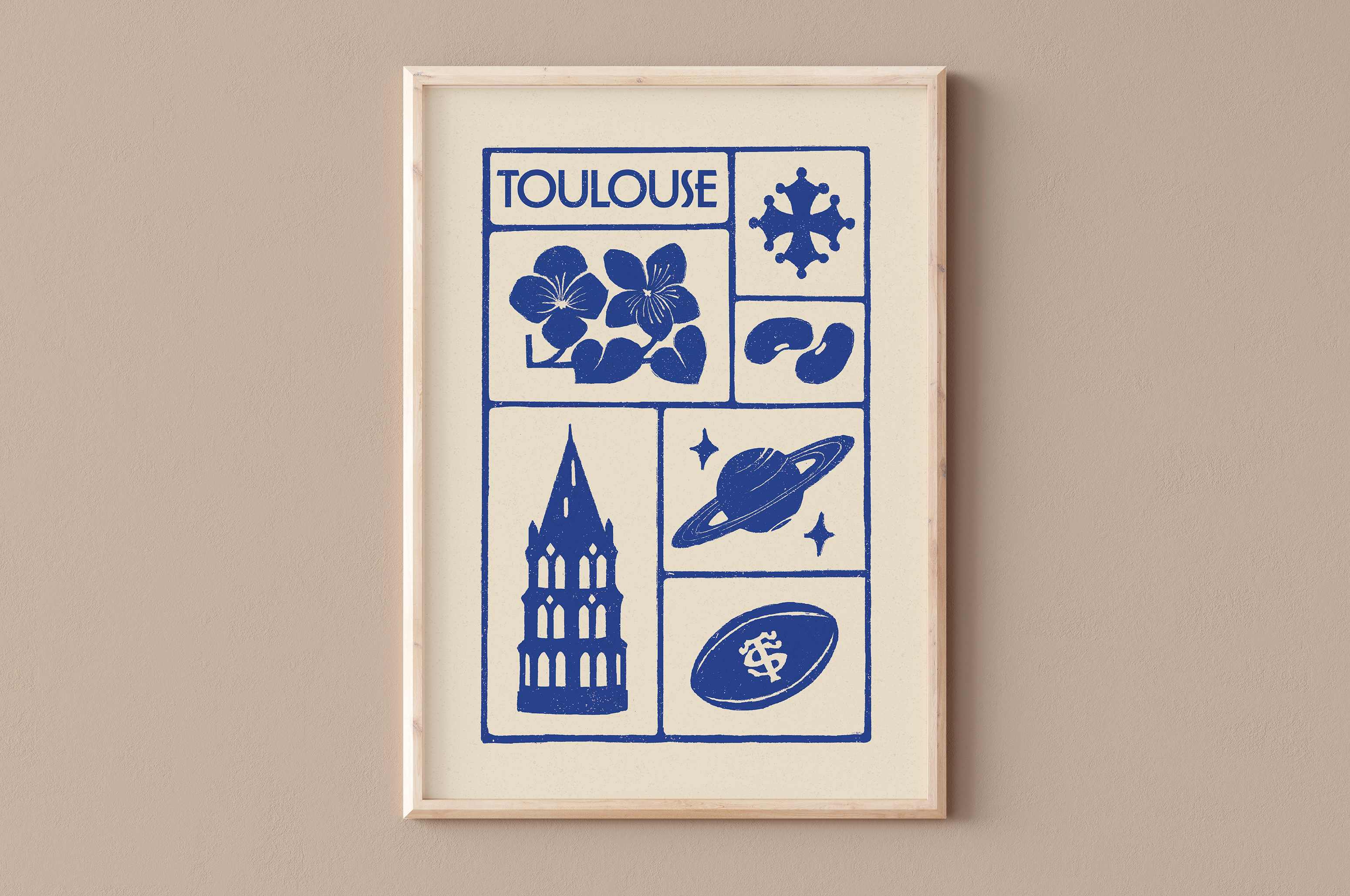 Affiche illustration Toulouse – La Basilique Saint-Sernin, imprimé d'illustration dessinée à la main style linogravure
